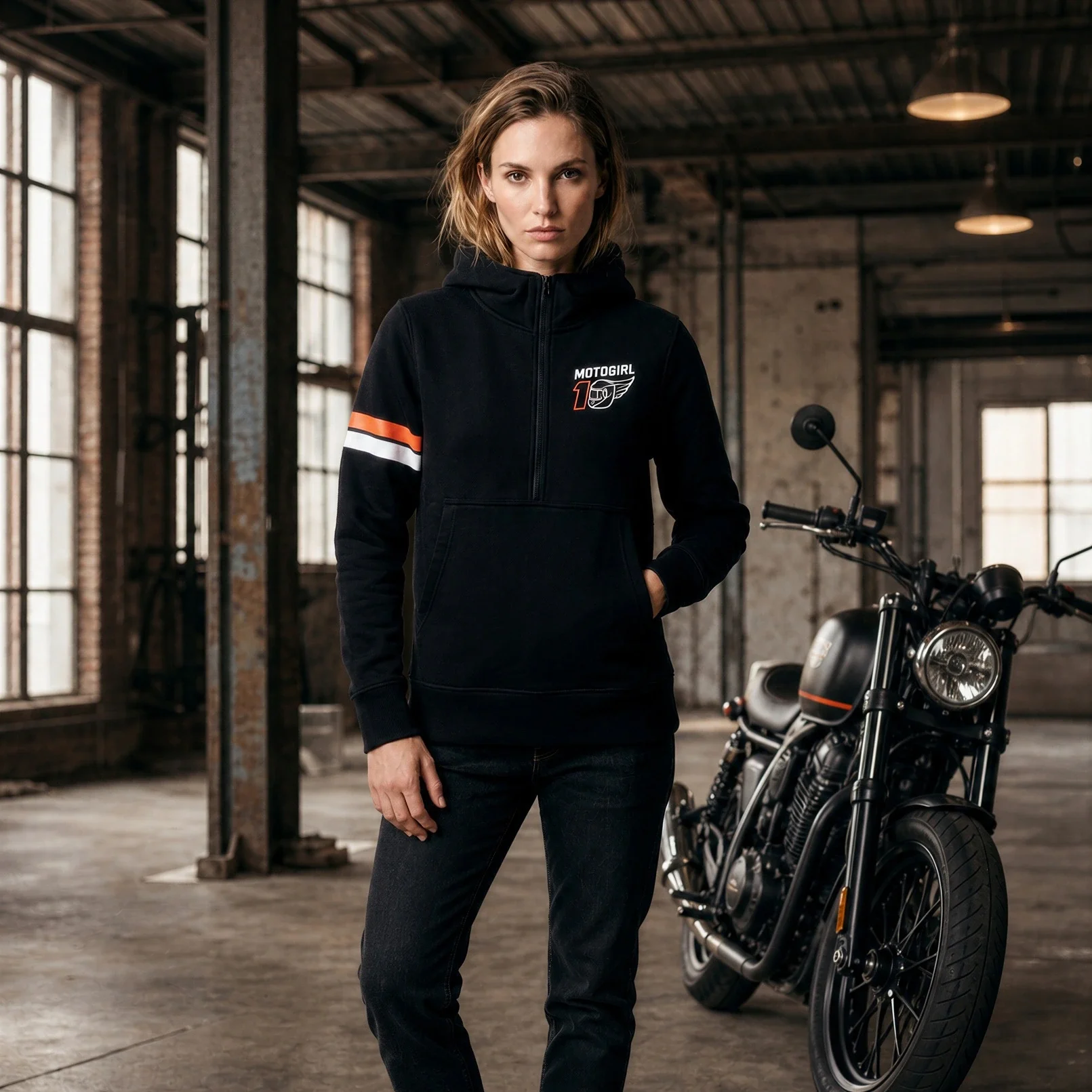 On-model lifestyle photography of women's motorcycling sportswear