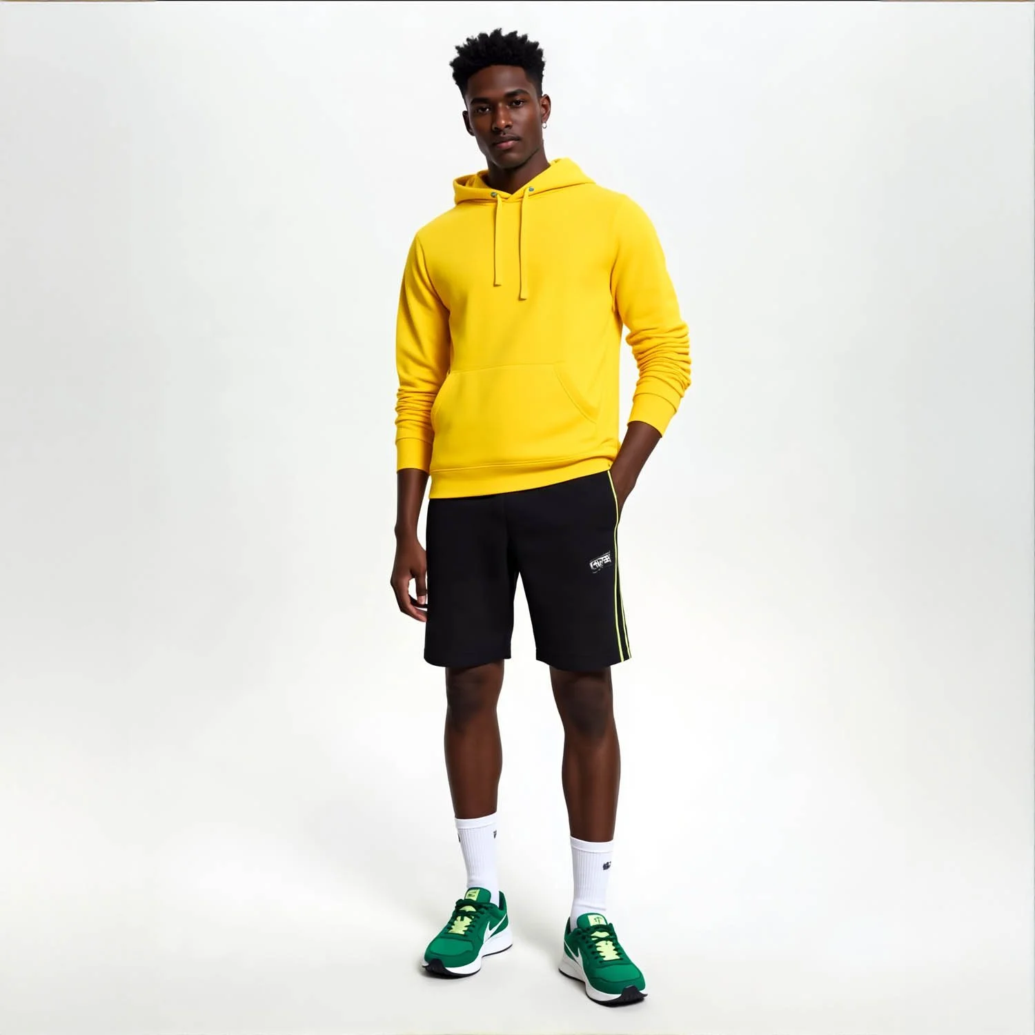 Virtual young man wearing a yellow hoodie, black shorts, white Nike socks, and green sneakers, standing against a plain white background.
