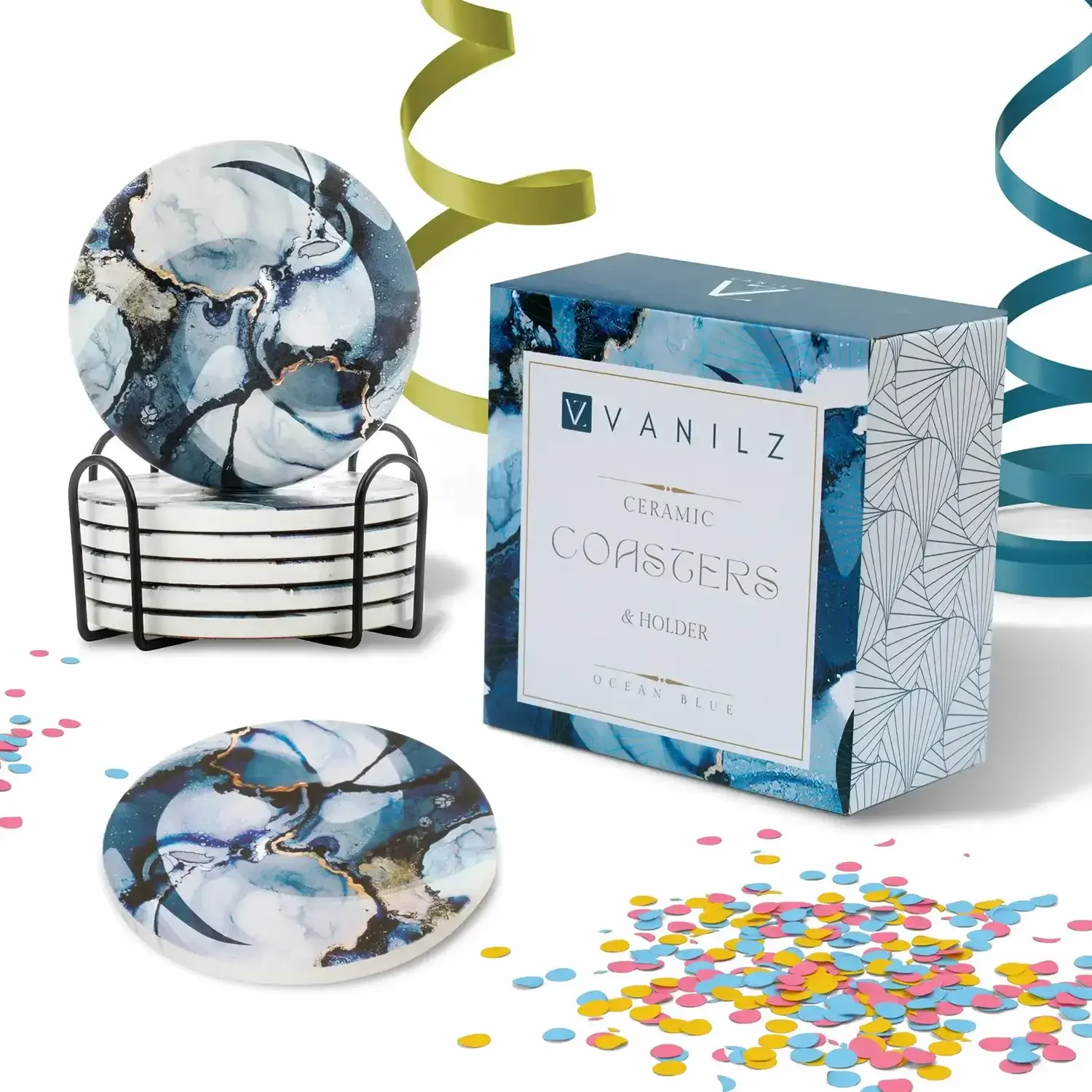 A decorative marble ceramic coaster with ocean blue and black patterns is displayed on a black metal stand.
