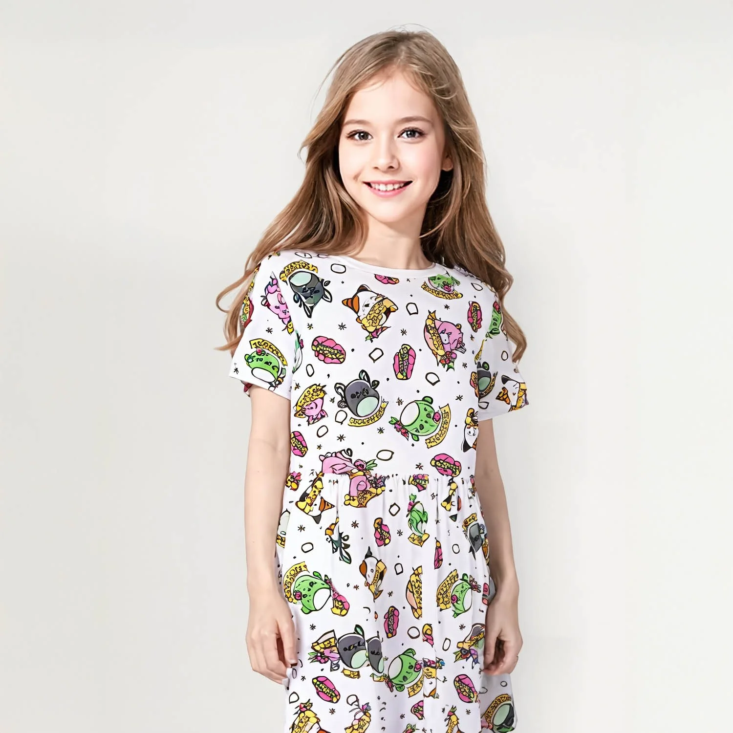 girl virtual model  three quarter length body in printed dress