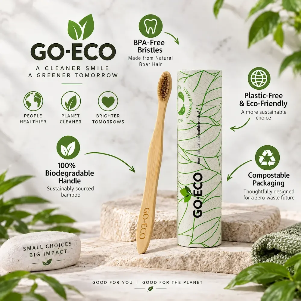 A bamboo toothbrush with a biodegradable handle standing next to a roll of eco-friendly packaging. The image highlights eco-conscious features such as BPA-free bristles made from natural boar hair, plastic-free and recyclable packaging, and a slogan 
