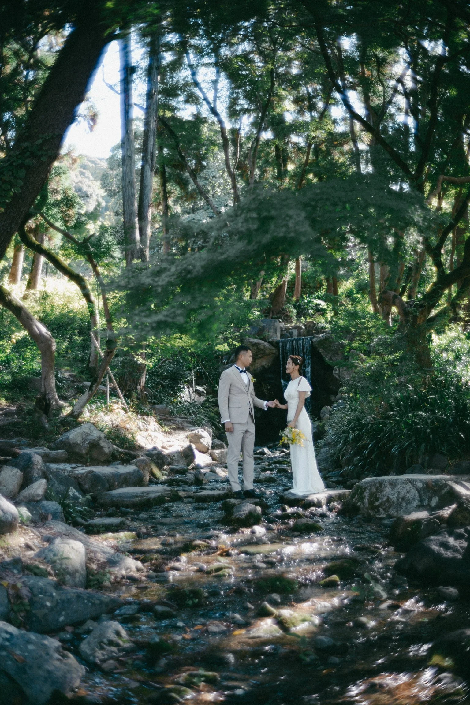 A bride and groom holding hands in a forest with a small waterfall and stream, surrounded by trees and lush greenery.