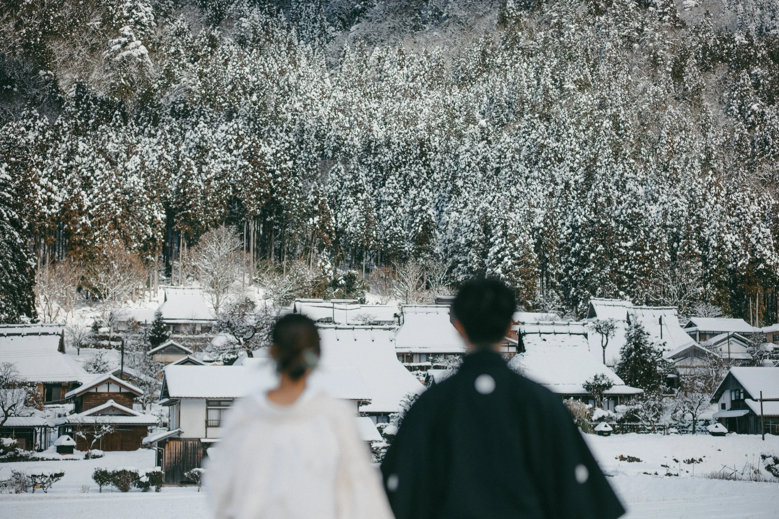 A bride and groom in traditional wedding attire walking in a snowy landscape with Japanese houses and a forest in the background.