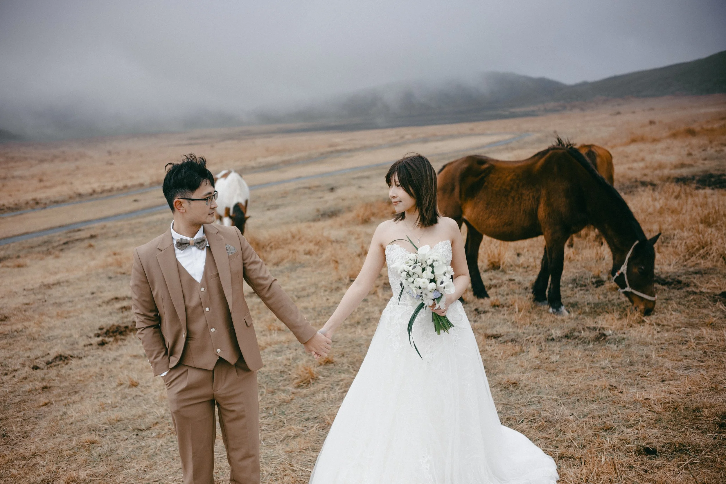 A bride and groom holding hands in a field with horses, mountains and cloudy sky in the background.