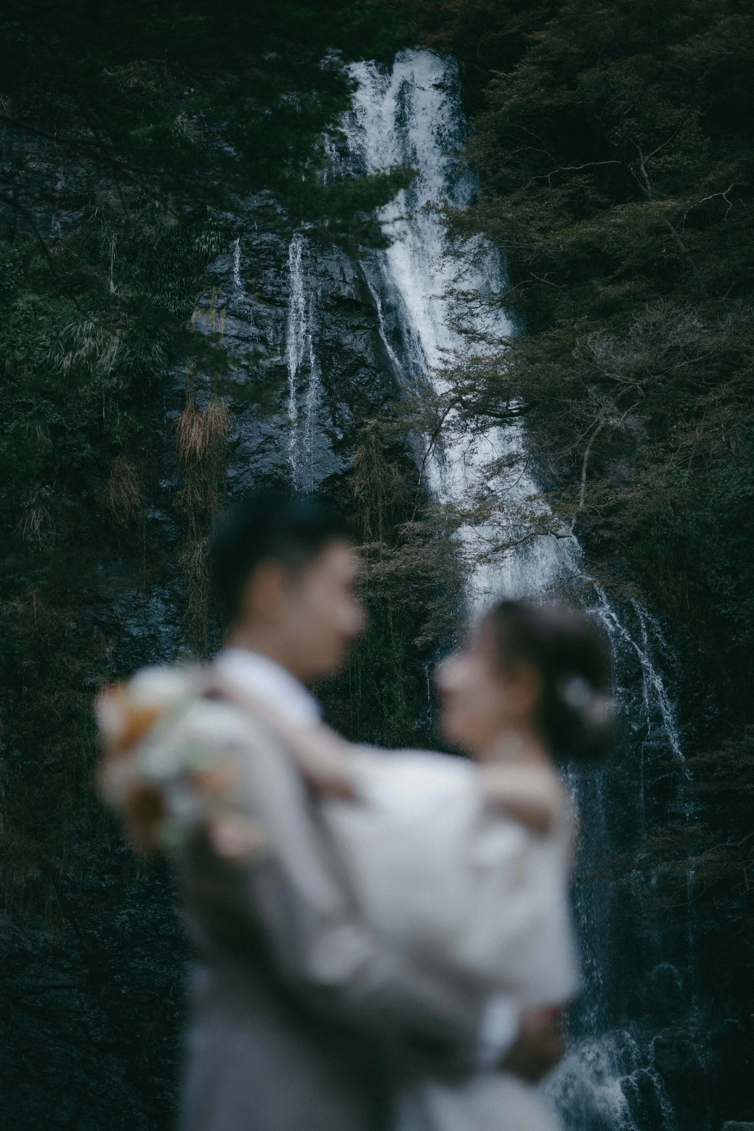 A blurred image of a couple in wedding attire in the foreground, with a waterfall falling down a rocky cliff and surrounded by trees in the background.