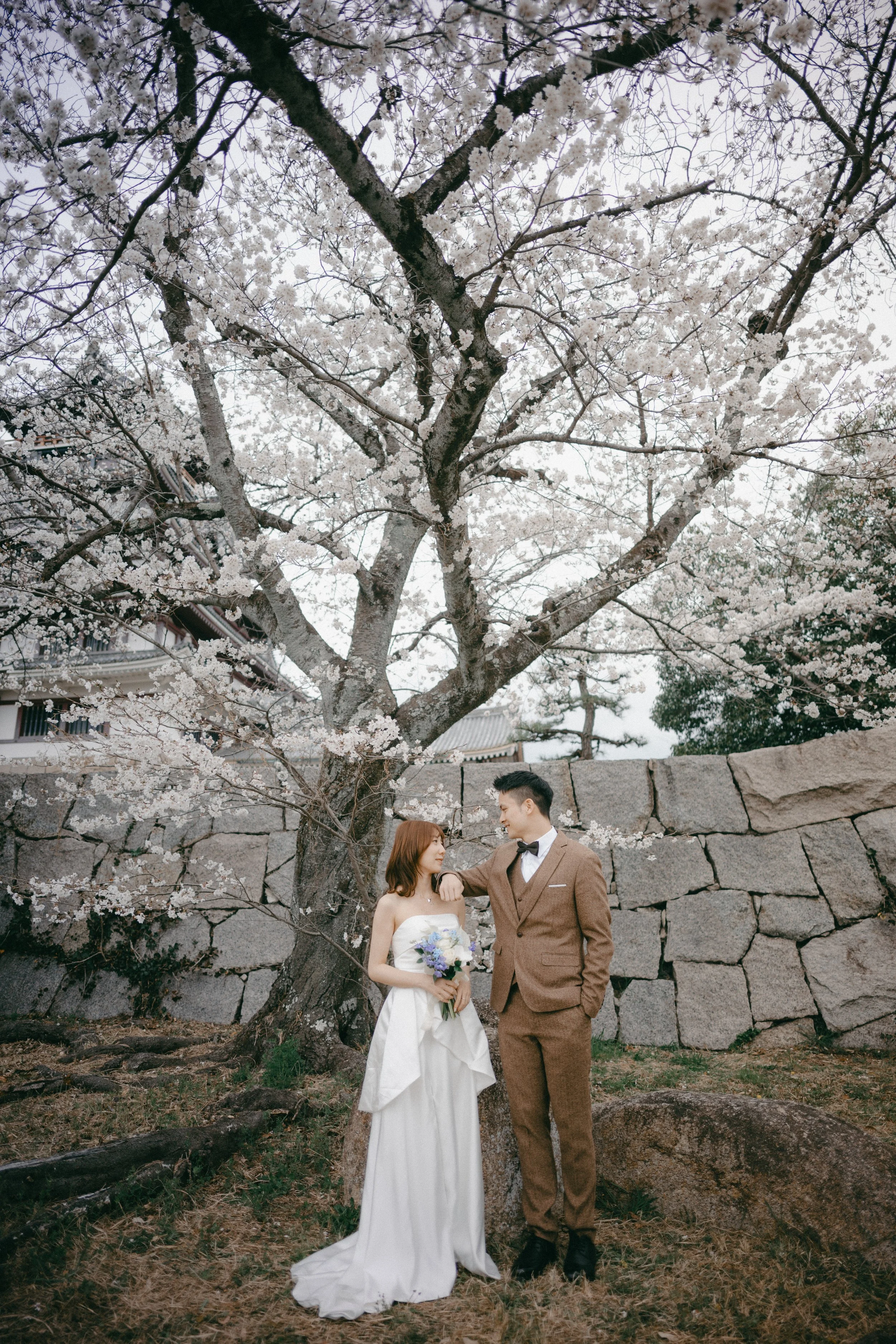 A bride and groom standing outdoors beneath a blooming cherry blossom tree, with a stone wall and traditional building in the background.