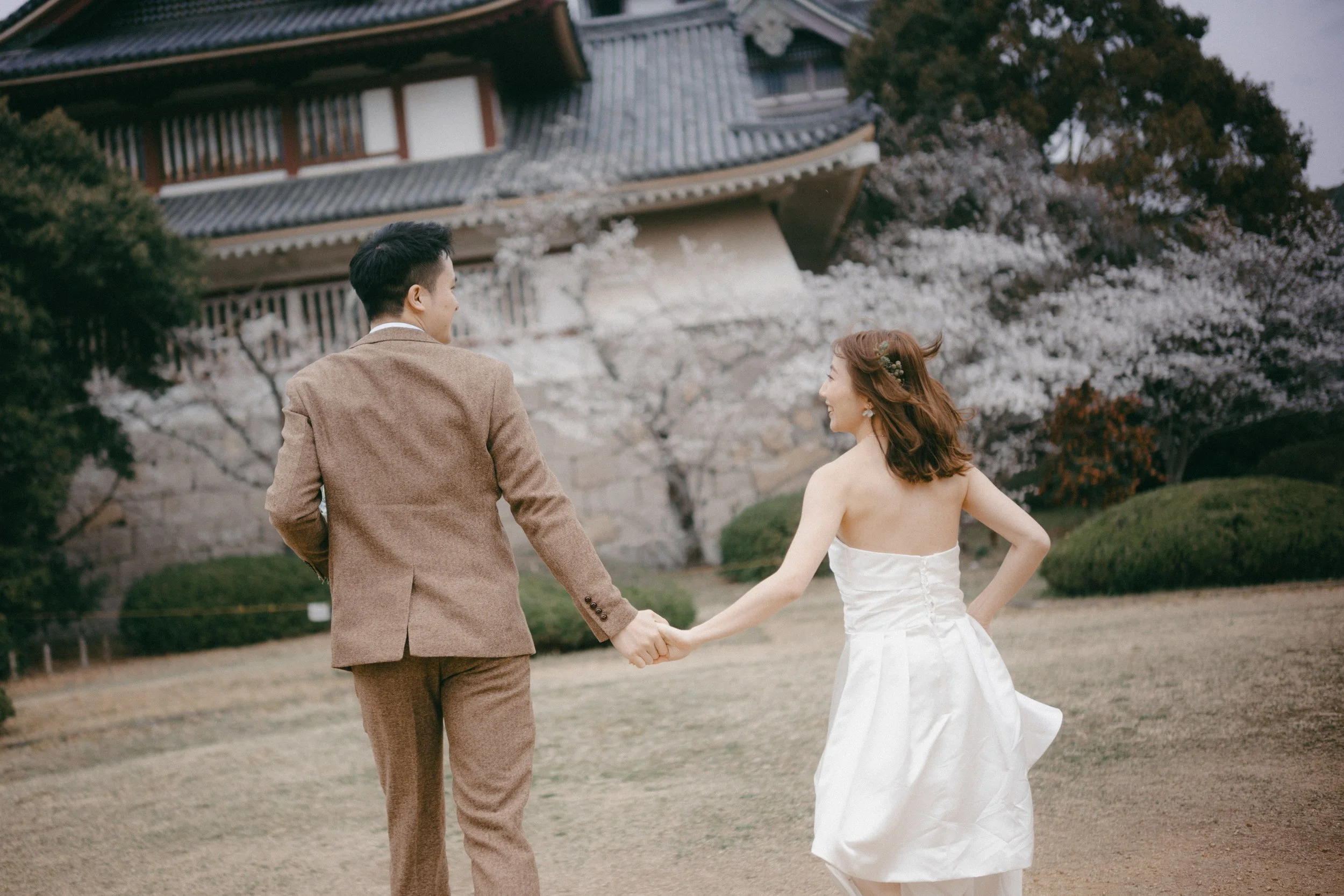 A young couple holding hands and walking outdoors near a traditional Asian building and blooming cherry blossom trees.