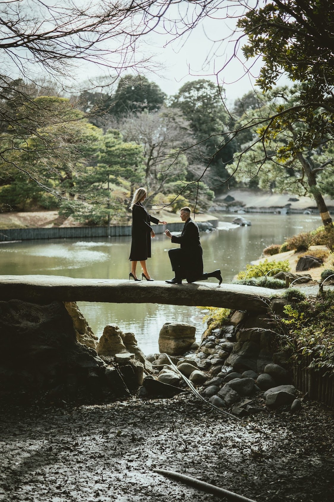 A man proposing to a woman on a bridge over a pond at a park with lush green trees and rocks in the background.