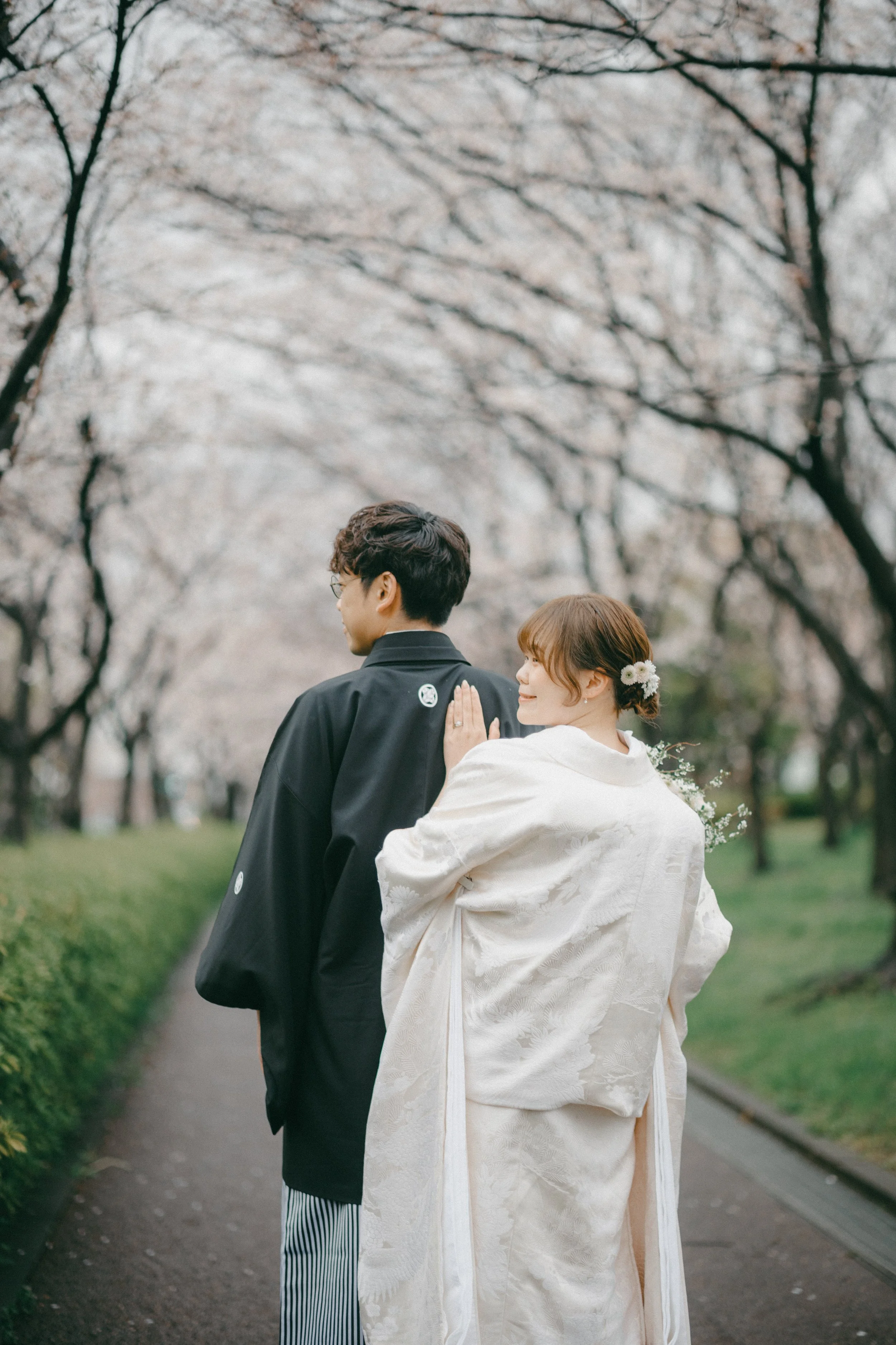 A couple dressed in traditional Japanese wedding attire walking through a cherry blossom park.