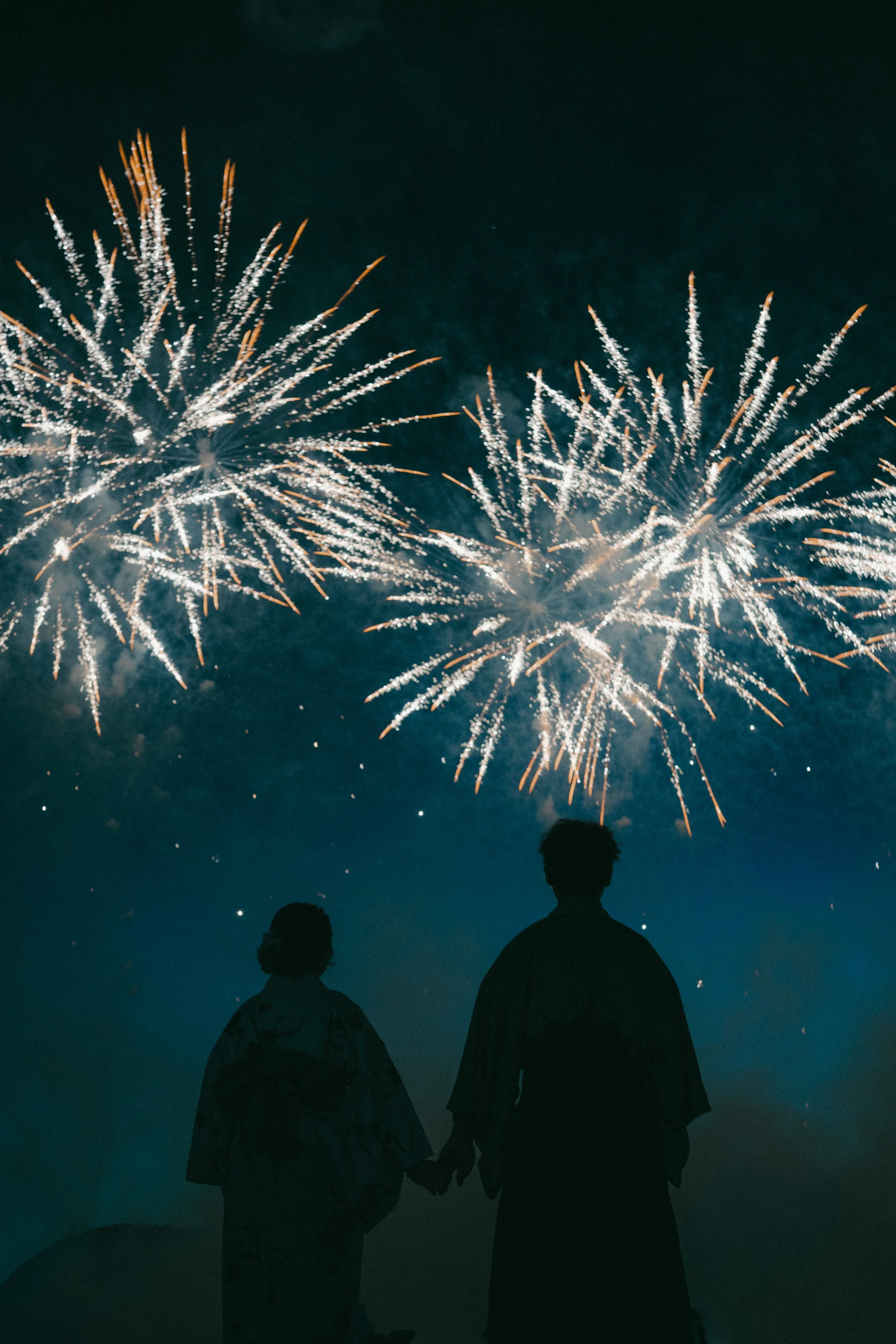 Silhouettes of a couple holding hands watching fireworks display in the night sky.