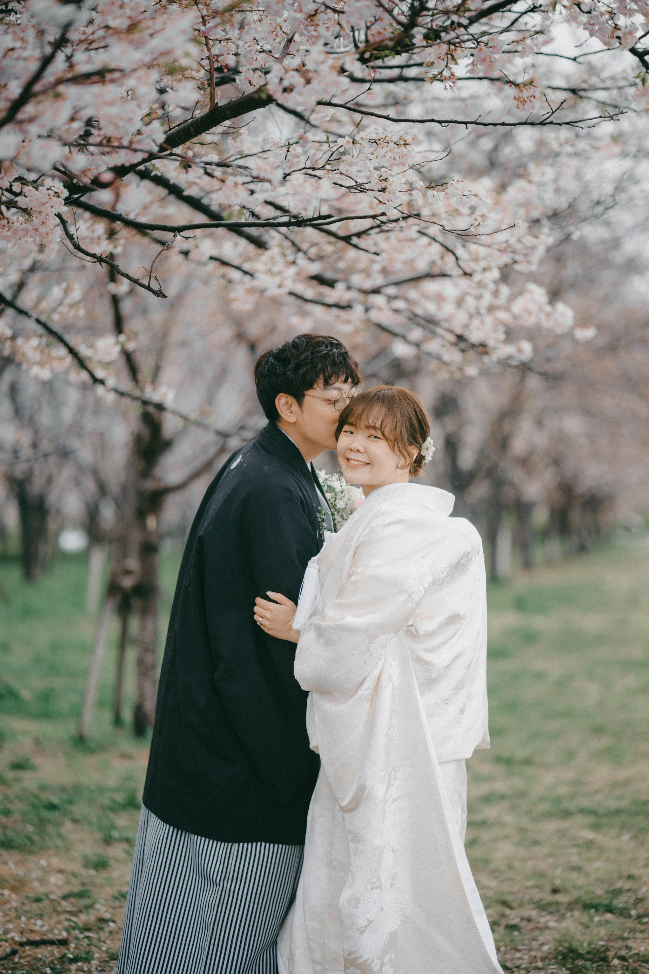 A couple dressed in traditional Japanese wedding attire embracing under cherry blossom trees.