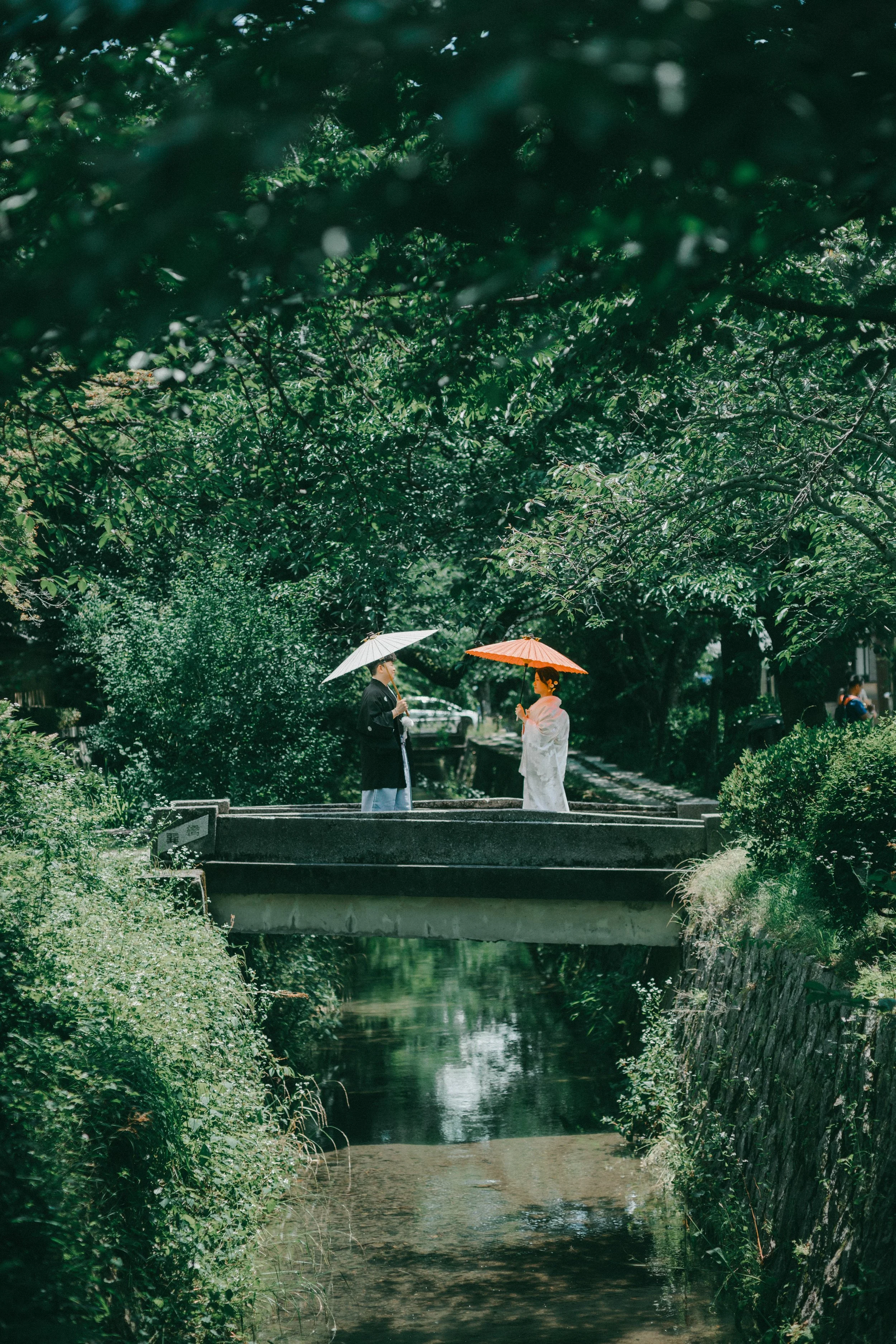 Two people standing on a small bridge over a narrow stream, holding umbrellas, surrounded by lush green trees and foliage.