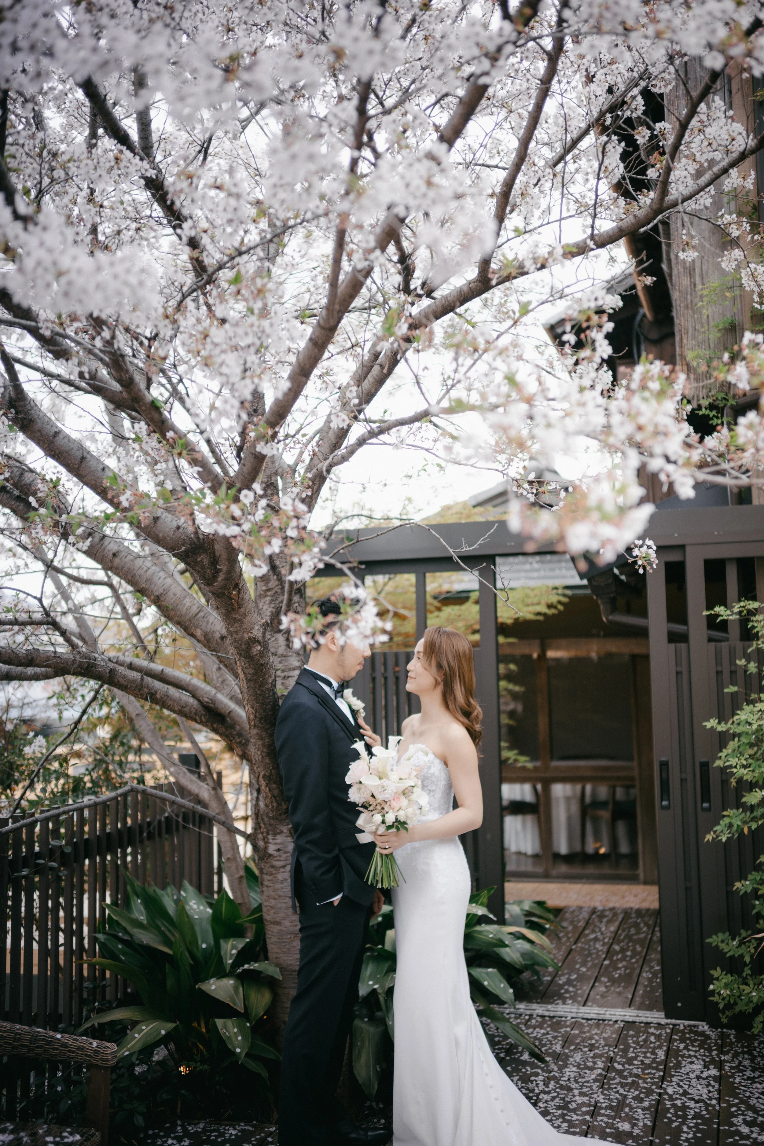 A bride and groom stand under a blooming cherry blossom tree, gazing at each other. The bride is holding a bouquet of white and pink flowers, and they are surrounded by lush greenery and petals on the ground.