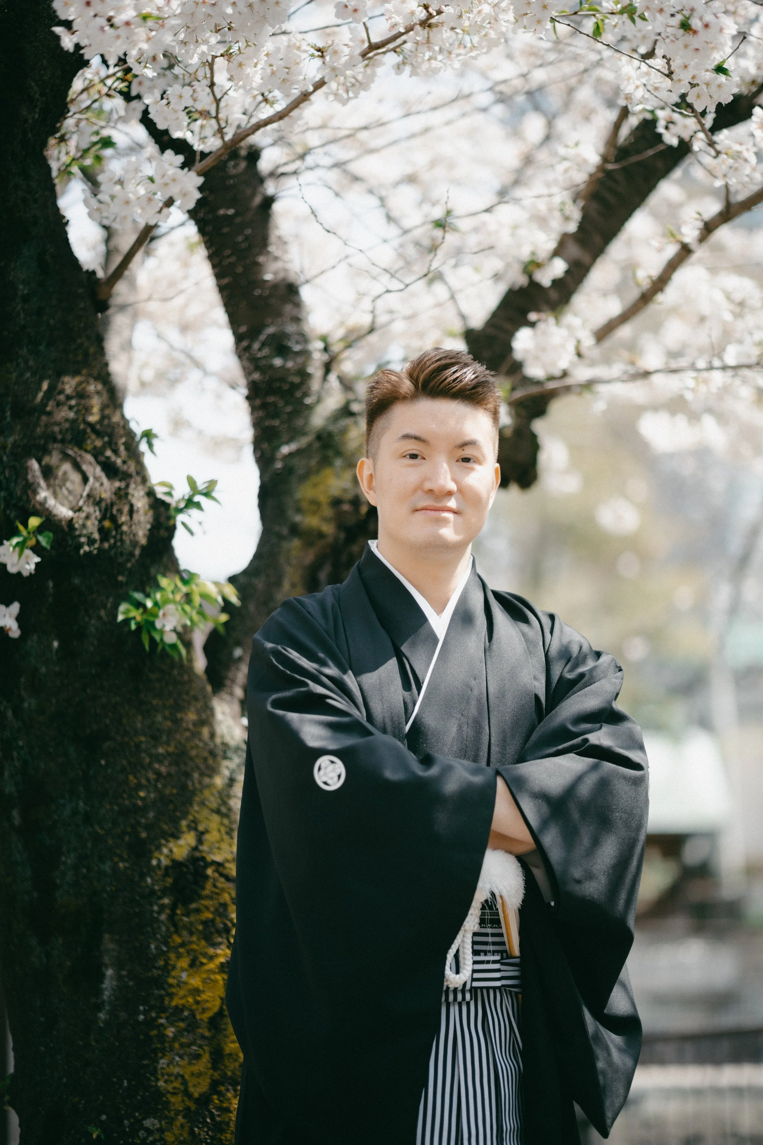 A young man in traditional Japanese attire standing outdoors with arms crossed, in front of a cherry blossom tree in bloom.