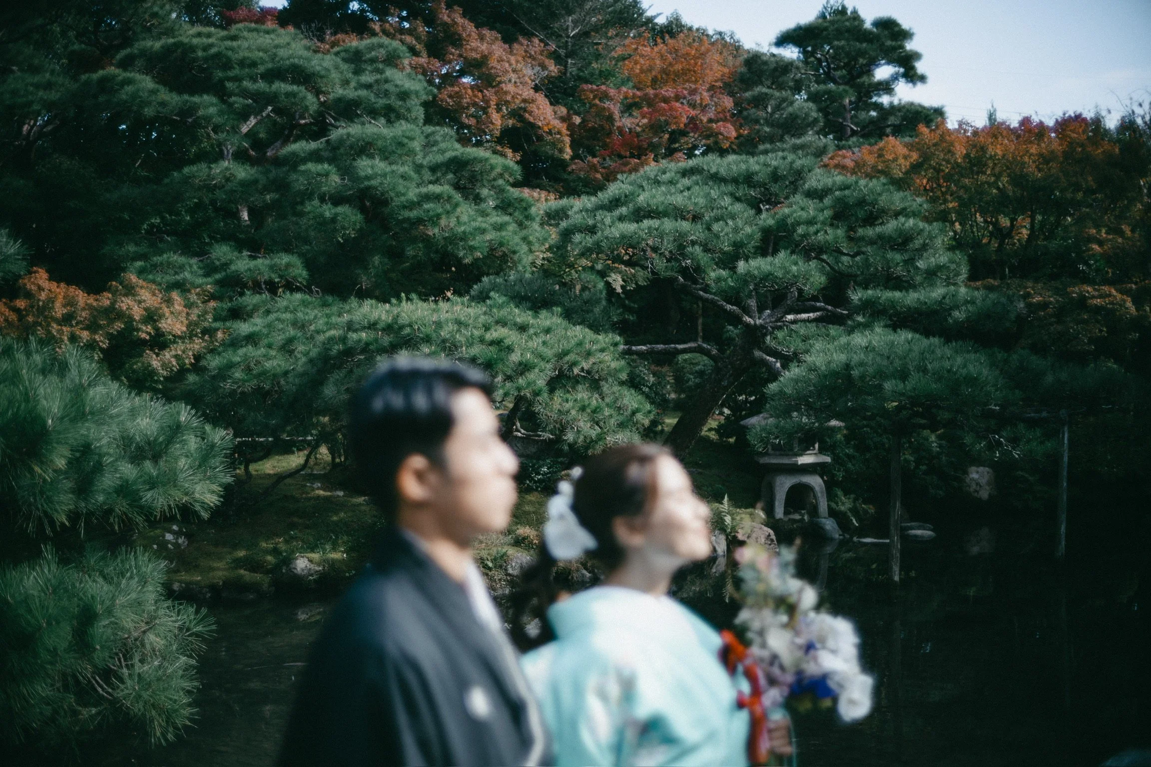 A blurred image of a couple, dressed in traditional Japanese wedding attire, standing near a pond with lush green trees and autumn foliage in the background.