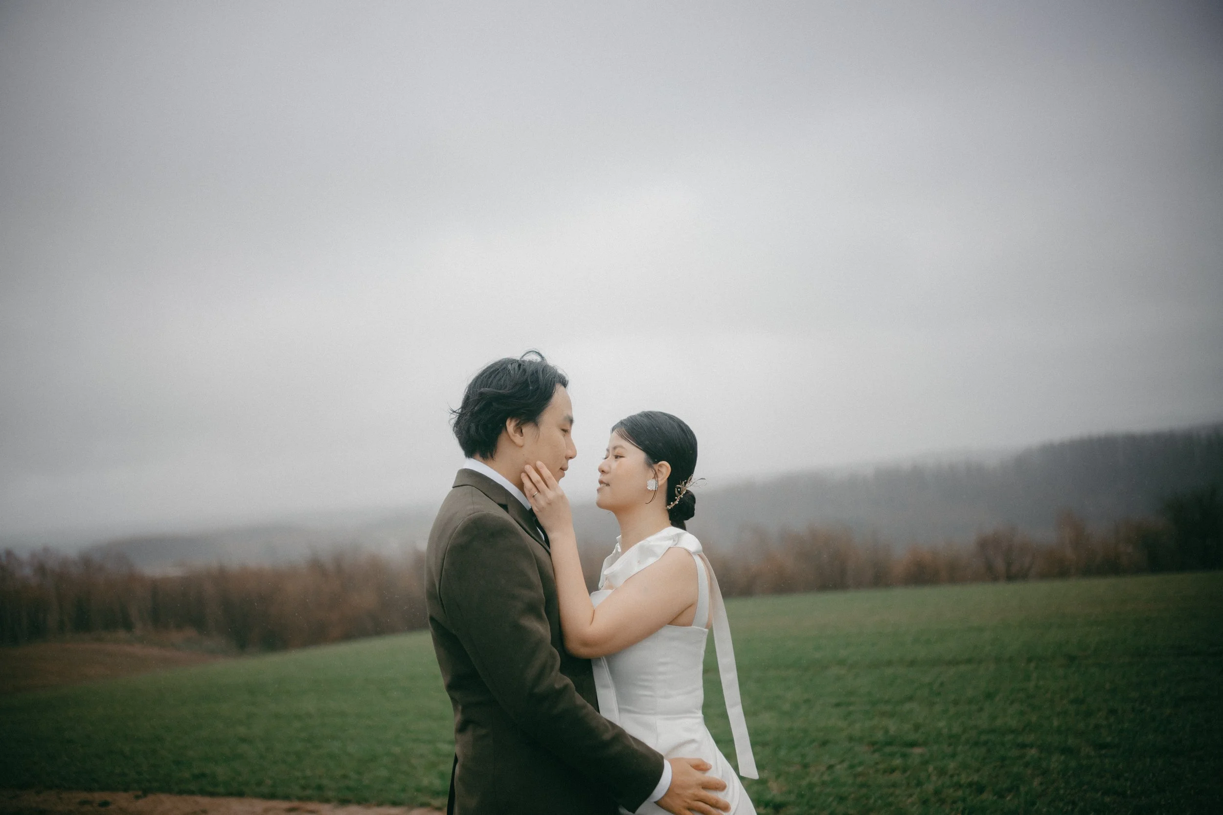 A couple in wedding attire standing outdoors in a green field under a cloudy sky, gazing at each other lovingly.