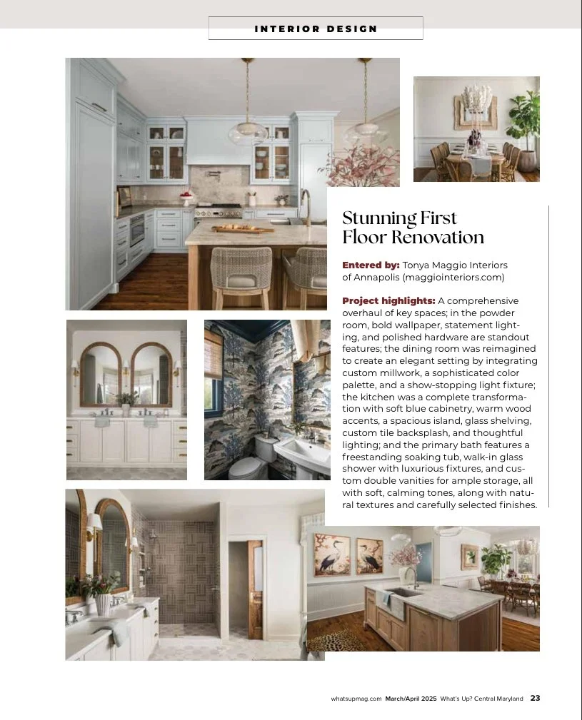 Interior design magazine page featuring a kitchen renovation with blue cabinetry, island with bar stools, and pendant lighting; description of the project highlights with additional images of bathrooms and dining area.