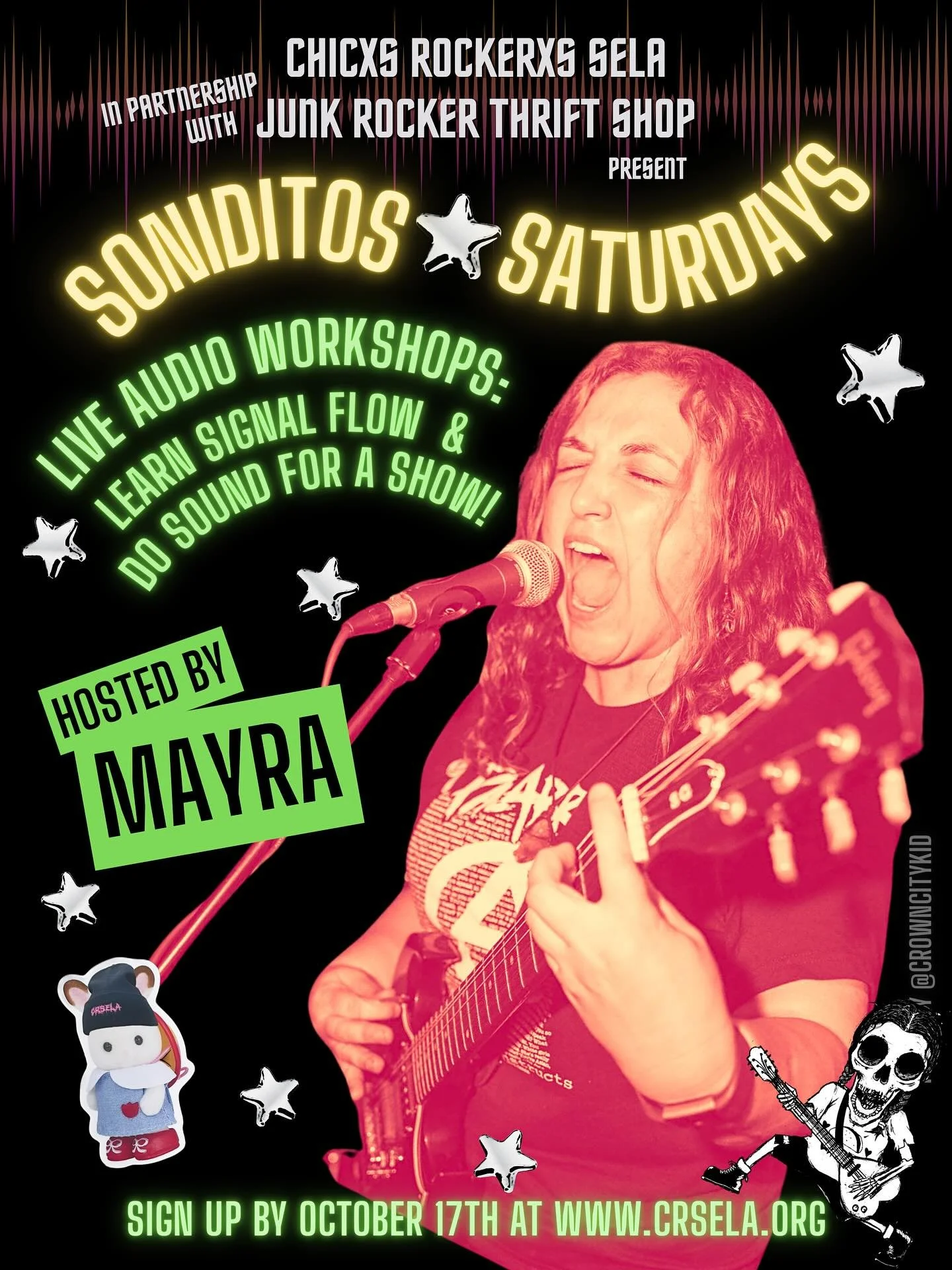 🌟 MEET YOUR INSTRUCTORS! 🌟
We’ve EXTENDED our deadline to sign up to Soniditos Saturdays until Oct. 17!
And have UPDATED our age requirements! Our live audio workshops hosted by local legend and CRSELA co-founder Mayra Aguilar are now open