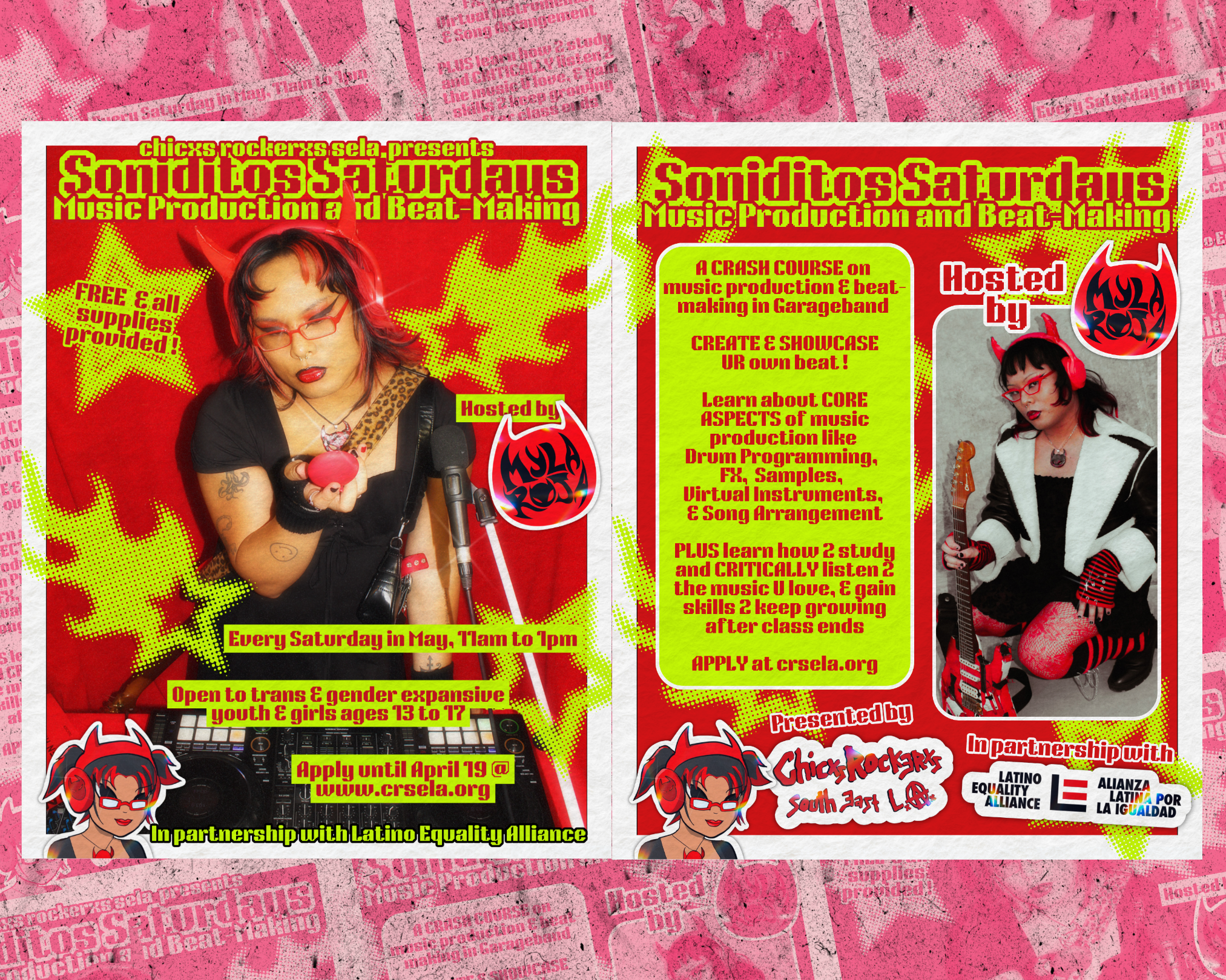 A flyer advertising a music production and beat-making class called Sonidosaudans, hosted by Chick Rockers South East LA. The flyer features two images of a  with black hair, red glasses, and red and black clothing, holding a small object in her hand on the left and sitting with a guitar on the right. The flyer has red, yellow, and green colors, with text about class details, schedules, and partnership with Latino Equality Alliance.
