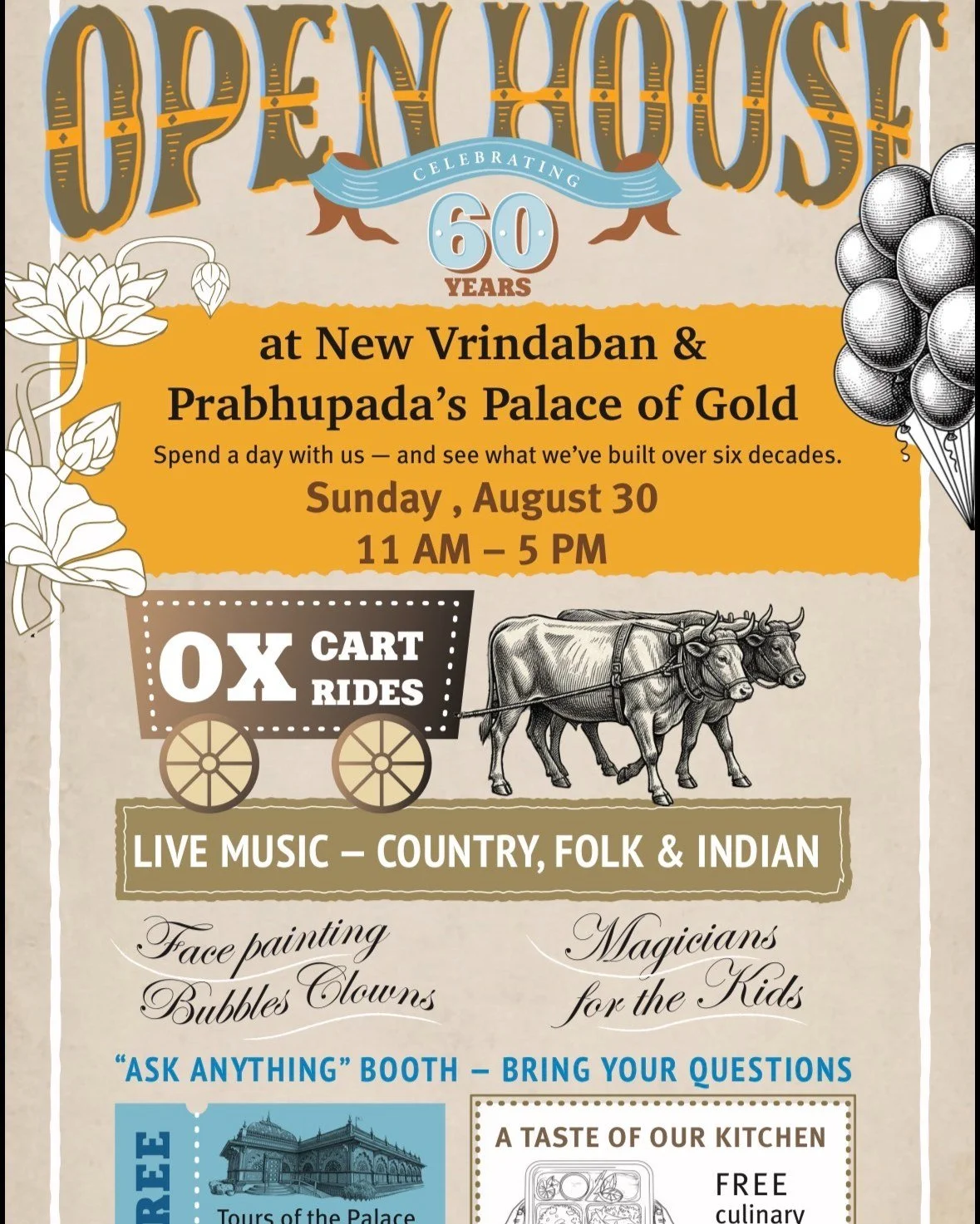 Celebrating 60 Years of Prabhupada's Palace of Gold 🪷🦚

📌Sunday August 30 from 11am-5pm

Live music, ox cart rides, free tours inside the Palace, face paint and magician for kids! Don't miss this fun, family event at one of our most unique attract