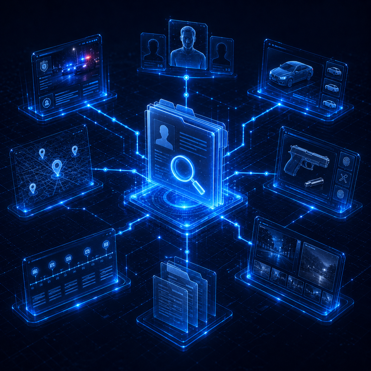 IT infrastructure illustration showing connected computers, servers, and a central security lock.