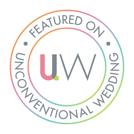 Logo with text "Featured on UWW" and the phrase "Unconventional Wedding" in a circular design with a rainbow gradient.