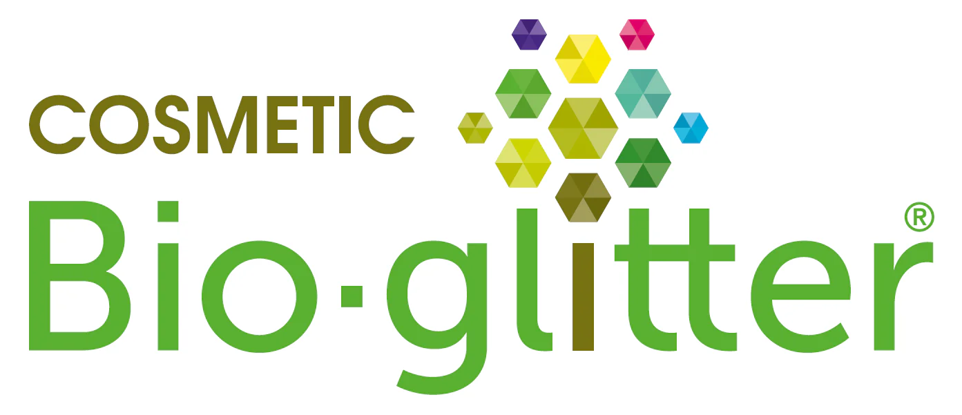 Logo for Cosmetic Bio-glitter with multicolored hexagonal shapes forming a flower above the text