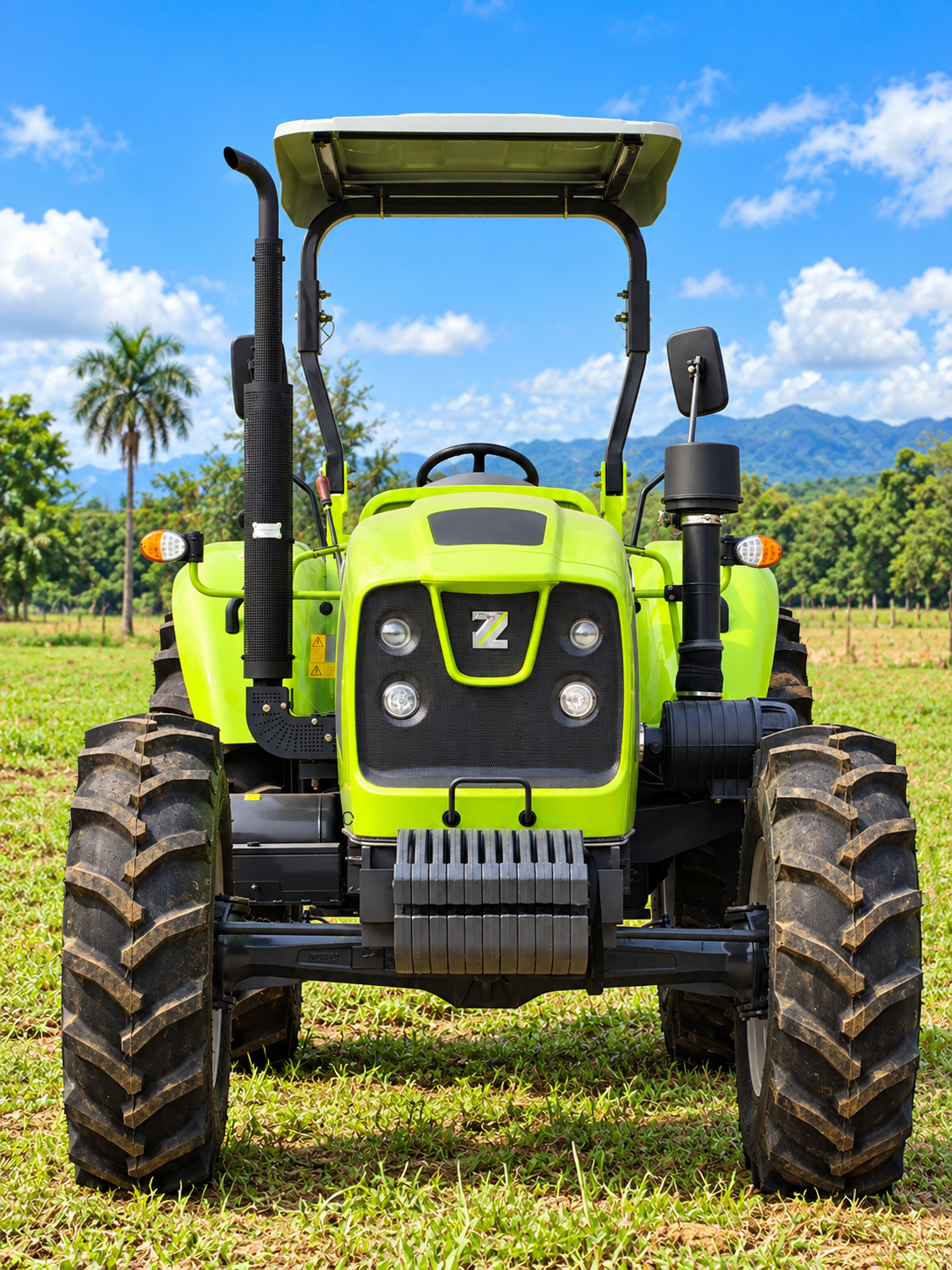 Tractor verde frente a montañas.png