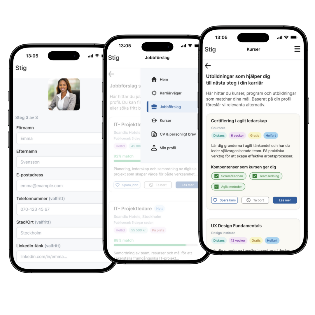 Tre prototyper för mobilversion av tjänsten Stig. En visar foto på en kvinna och uppgifter om personen, den andra visar öppet meny där man väljer jobbförslag och den trädje visar sida me dutbildningar som matchar profilen.  UX design