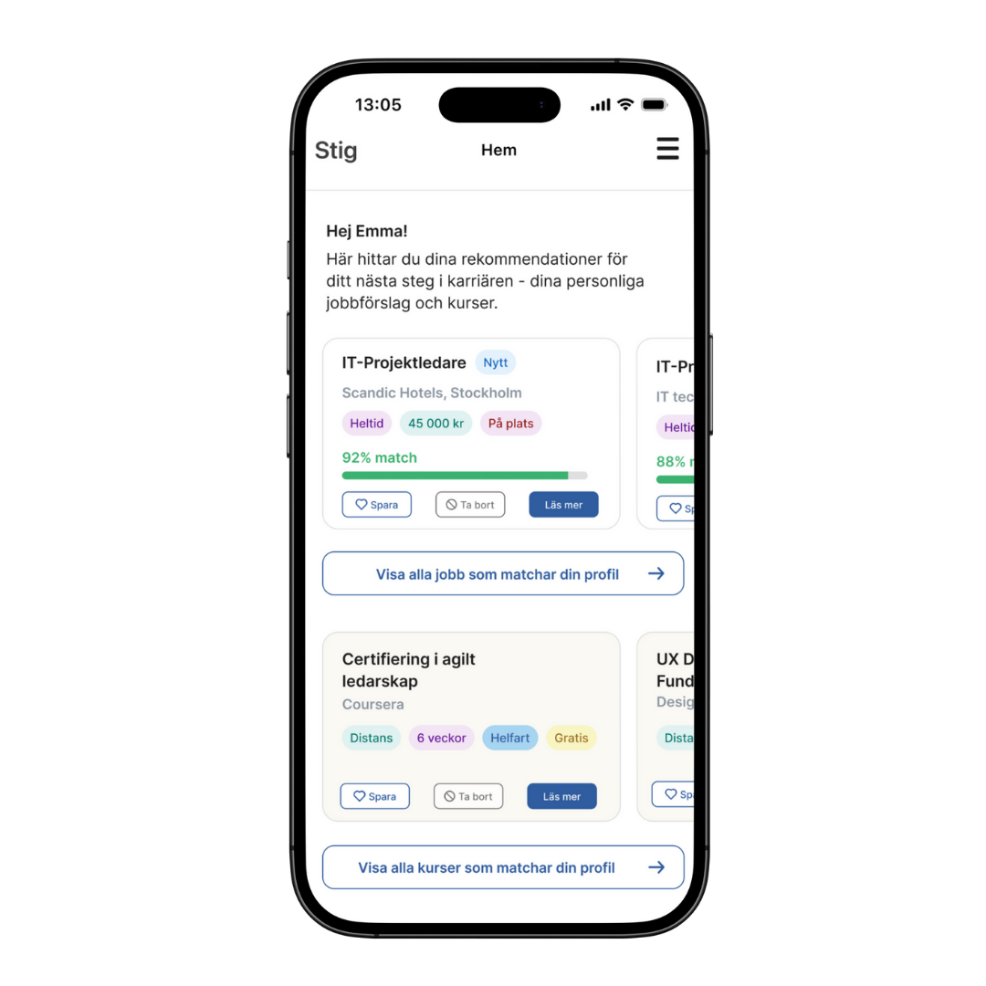 Prototyp för mobilskärm, som visar hemsida av tjänsten Stig. Det finns jobb och utbildningar som matchar profilen.  UX Design