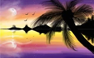 Solnedgång med palmer vid en sjö, fullmåne i himlen och fåglar som flyger