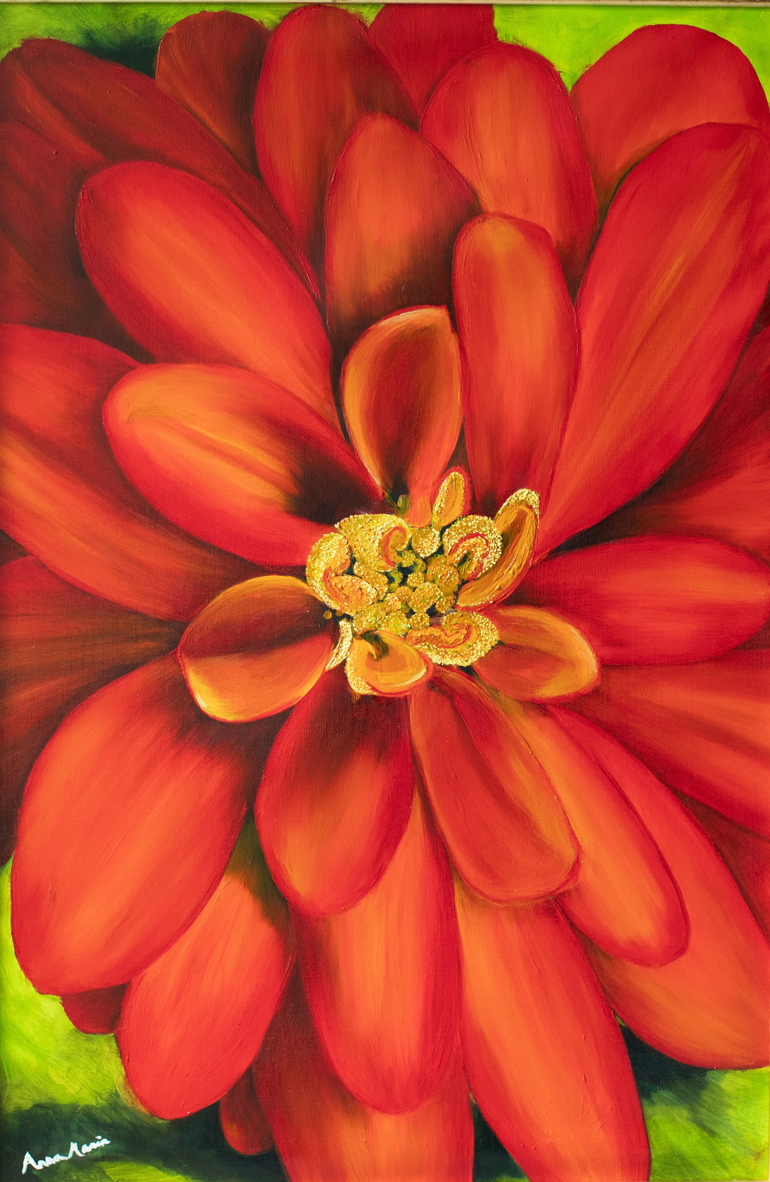 (Print of) A bee's eye view of a zinnia in my son's garden