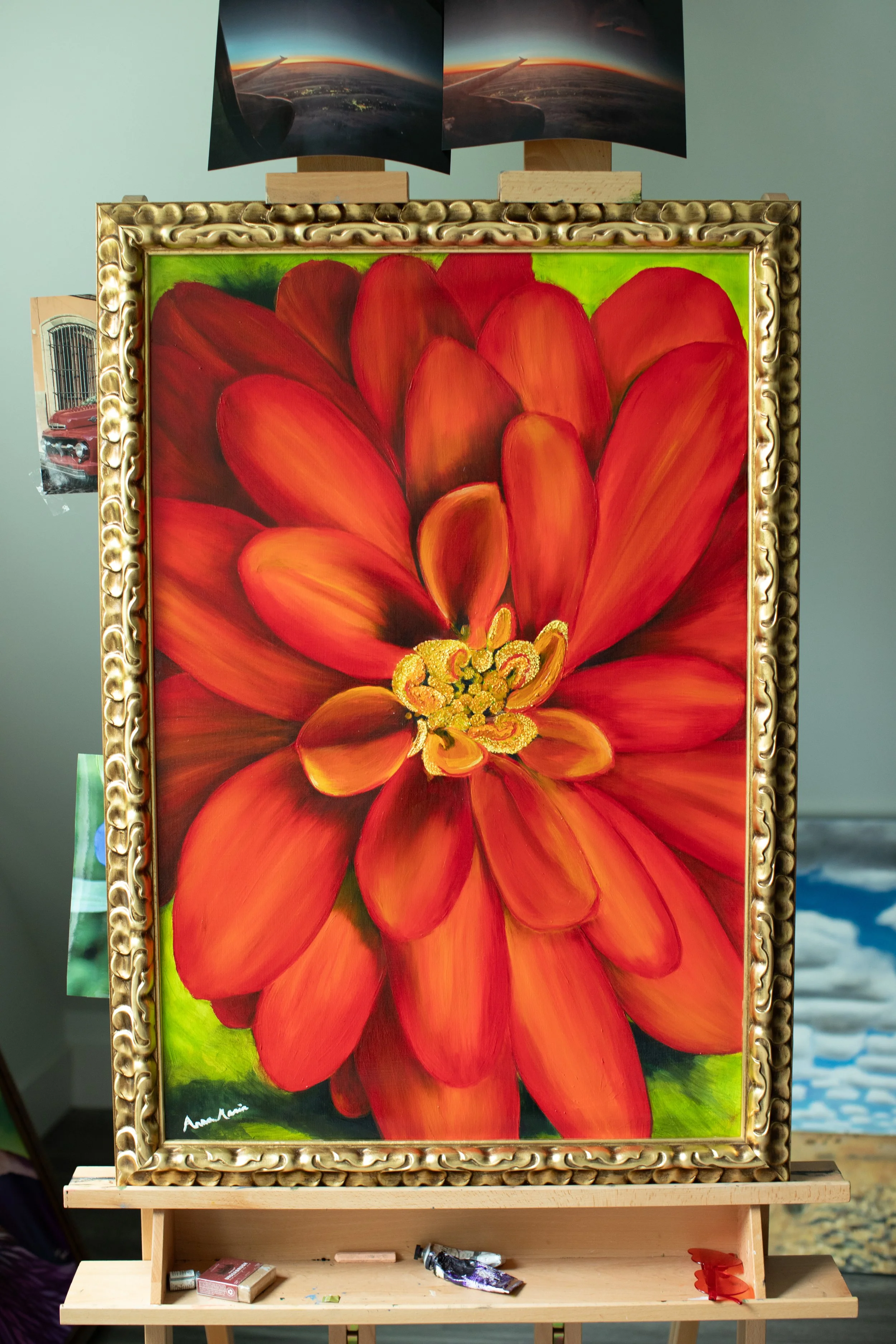 (Original oil painting) A Bee's Eye View of a Zinnia in My Son's Garden
