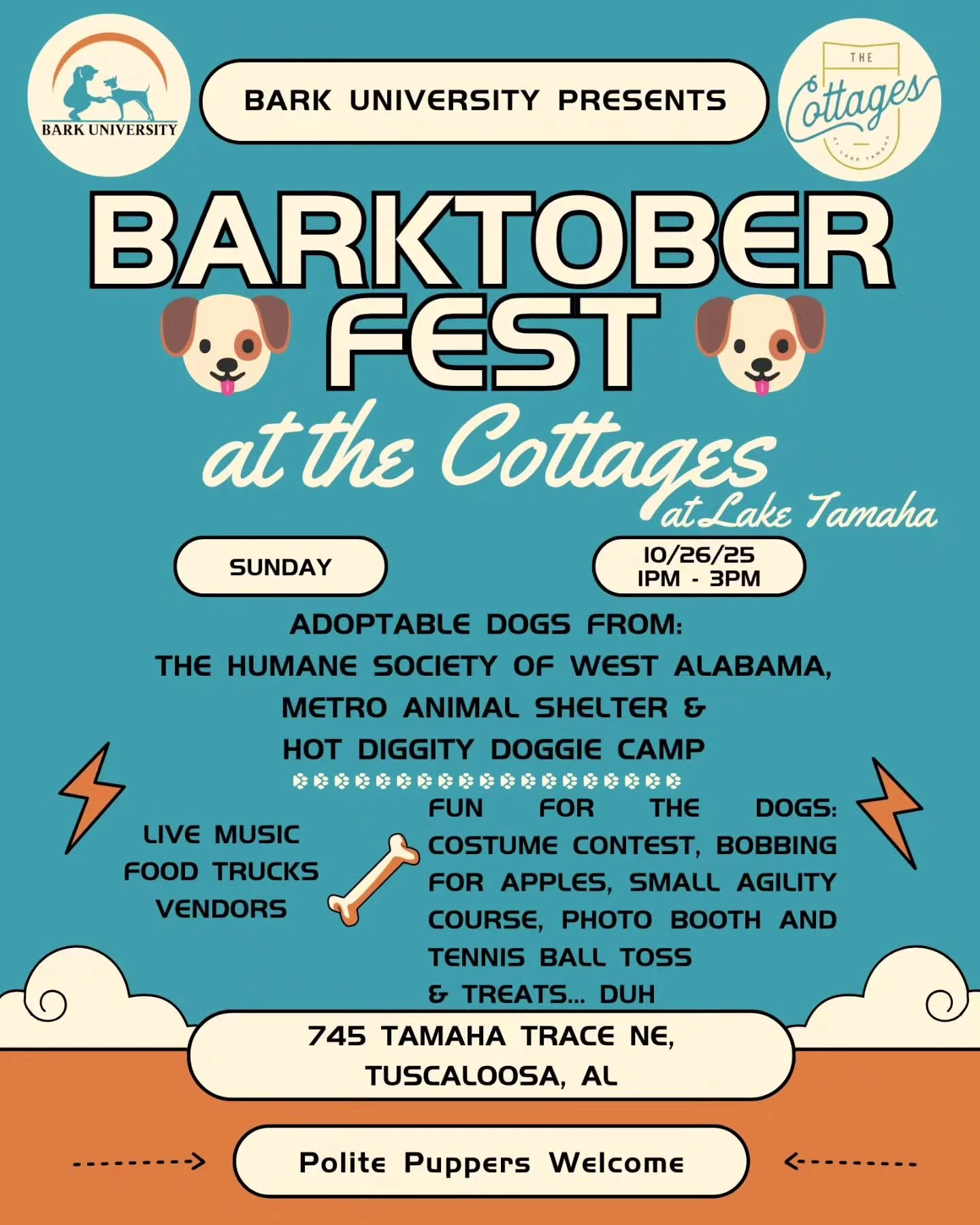 🎃🐾 Get ready for the ulti-mutt fall celebration! 🐶🍂
Join us for BARKtober Fest at The Cottages at Lake Tamaha on Sunday, October 26th from 1&ndash;3 PM!

✨ Adoptable pups from the Humane Society of West Alabama &amp; Hot Diggity Doggie Camp

🎶 L