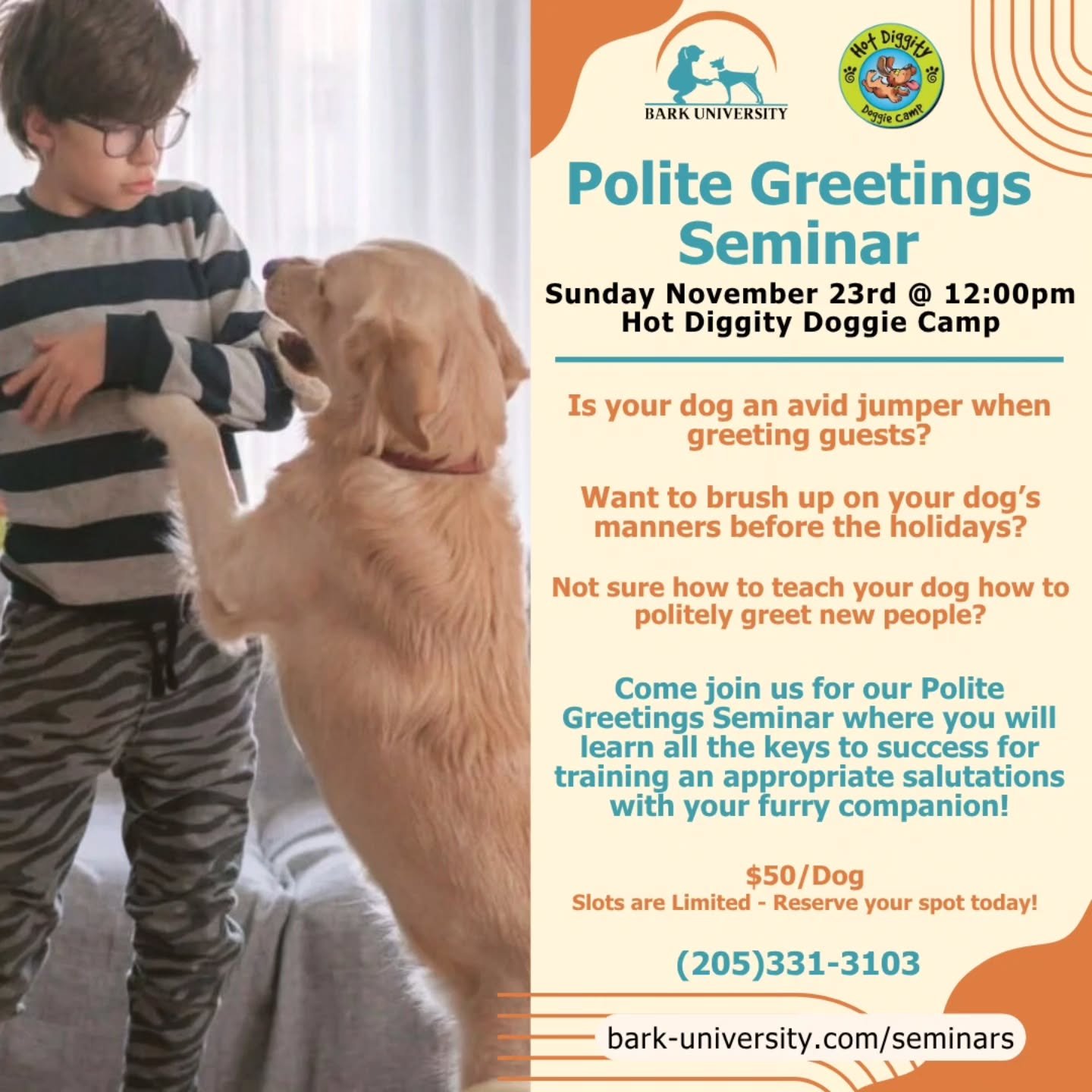 Thanksgiving is right around the corner &mdash; and that means guests, greetings, and lots of excitement! 🦃🐾

Join our Polite Greetings Seminar and help your dog learn how to say &ldquo;hi&rdquo; with calm, confident manners. The perfect prep befor