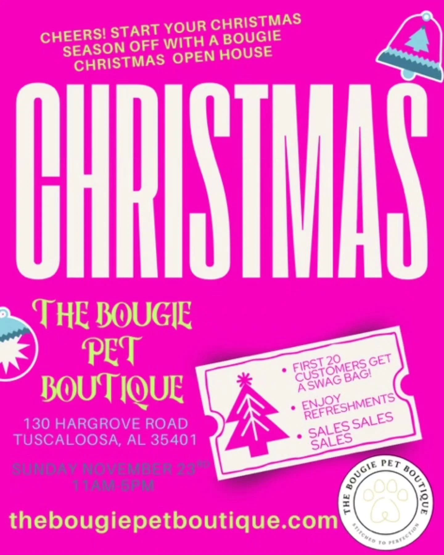 🎄🐾 It&rsquo;s beginning to look a lot like&hellip; CHRISTMAS! 🐾🎄
We&rsquo;ll be joining The Bougie Pet Boutique for their Bougie Christmas Open House on Sunday, November 23rd (11AM&ndash;5PM) at 130 Hargrove Rd, Tuscaloosa, AL!

✨ Bring your pup,