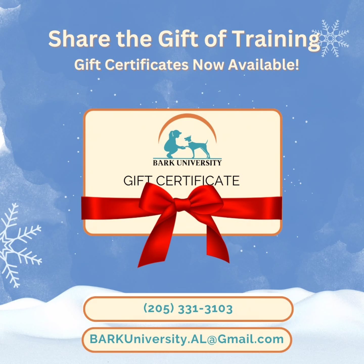 Are you looking for a great gift for that dog lover in your life? What better than a chance to create new bonds and lines of communication with their best friend!

Gift certificates can be redeemed for any training service, including our 6 week speci