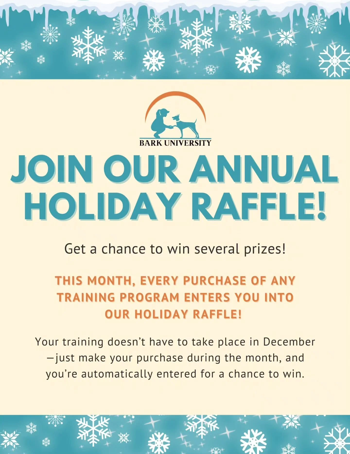 Tis the season for training + prizes! ❄️🎉

All December long, every training program purchase enters you into our Holiday Raffle!

Win an Academy Day, a free seminar, or a private session&mdash;just by getting your pup set up for success. 🎄🐾

Don&