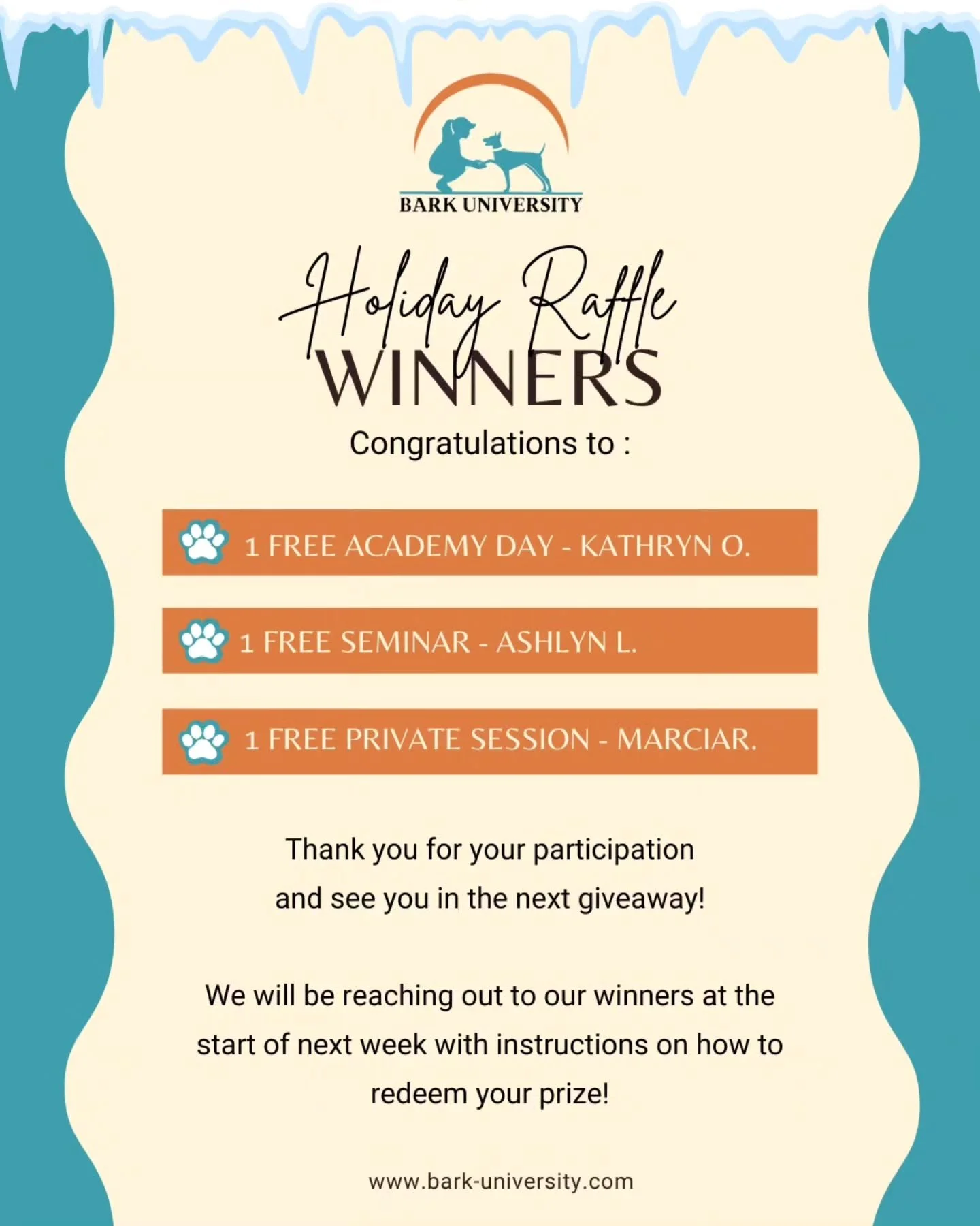 Congratulations to our holiday raffle winners for the month of December!!

We will be reaching out to you at the start of next week in how to redeem your prizes with us. 

Thank you to everyone who participated and joined our raffle, we look forward 