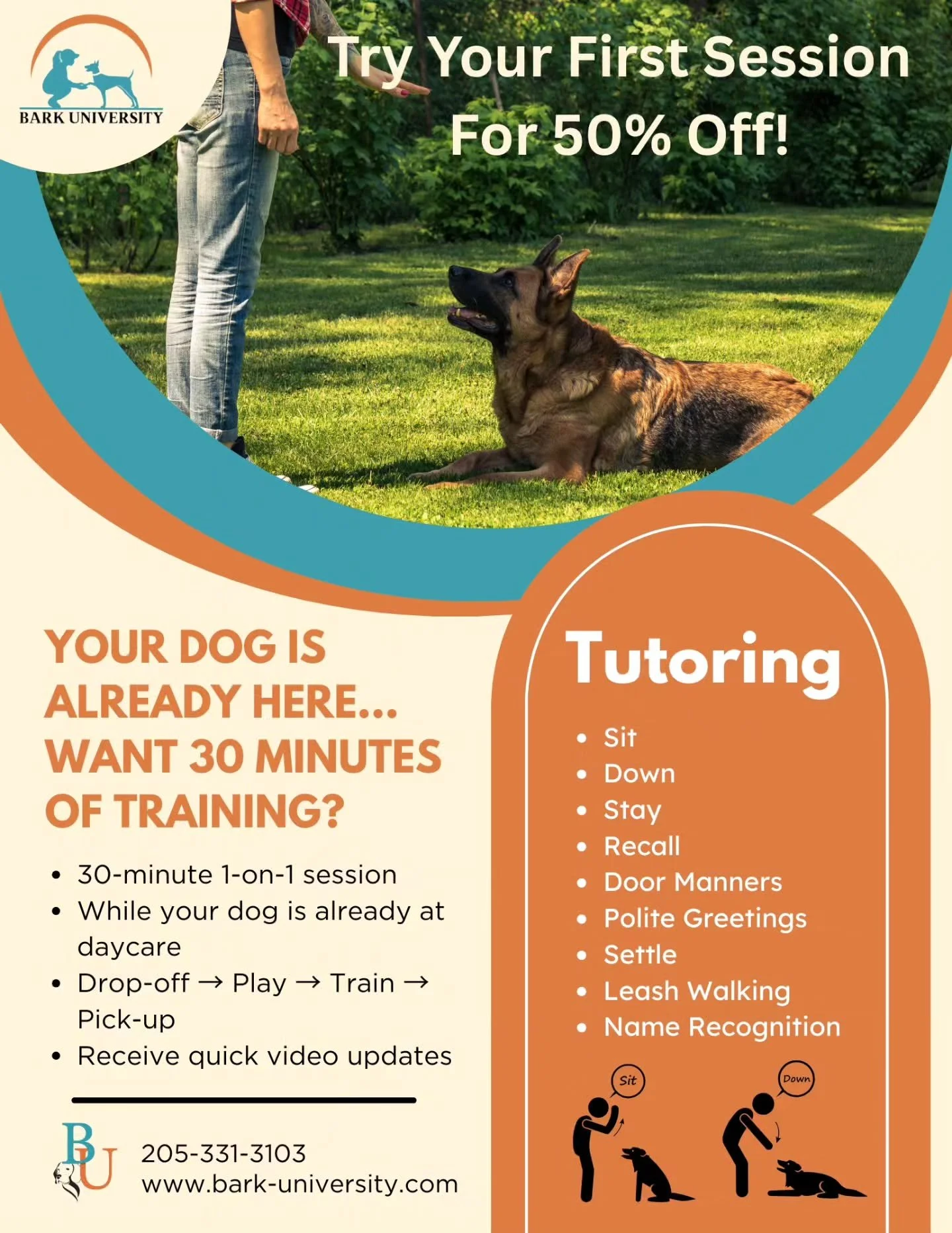 We&rsquo;re excited to offer a special deal for our daycare families 🎉

For a limited time, you can get 50% off your dog&rsquo;s first Tutoring Session while they&rsquo;re at Doggie Day Camp!

What is Tutoring?
Tutoring is a 30-minute, one-on-one tr