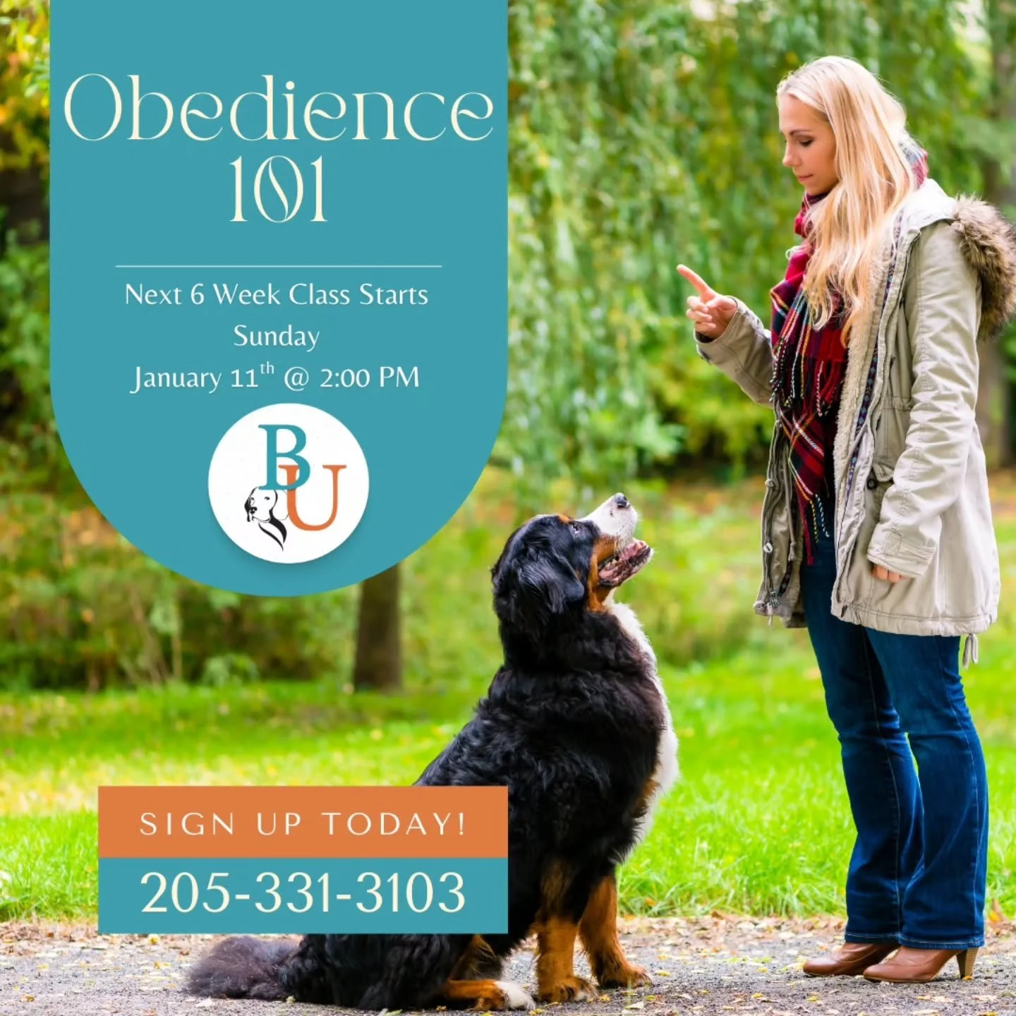 Our next Obedience 101 class is right around the corner! 

Our 6-Week Obedience 101 class teaches you and your pup all the foundational skills to help build trust, communication, and manners with your canine companion.

Contact us to reserve your spo