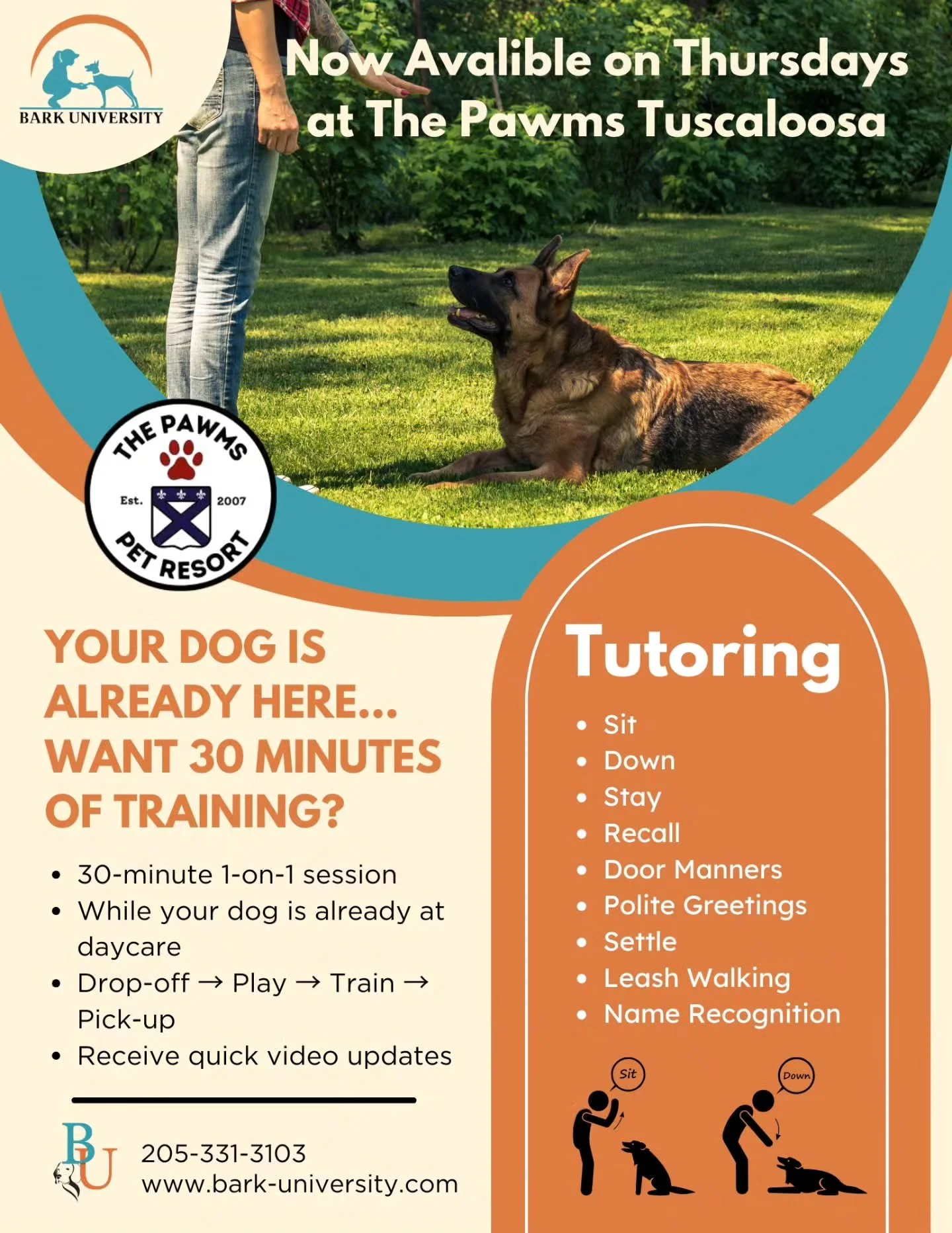 🐾 Tutoring is coming to Thursdays at The Pawms! 🐾

We&rsquo;re excited to offer 30-minute Tutoring sessions every Thursday at The Pawms! 🎉

While your dog enjoys their daycare day, one of our trainers will pull them for a focused 1-on-1 training s
