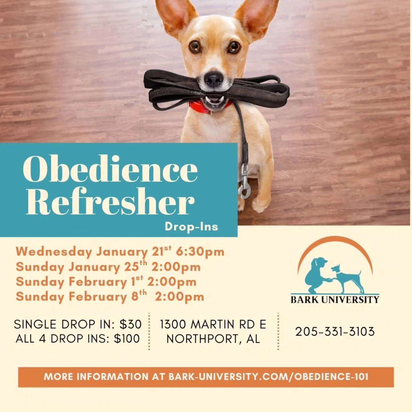 🐾 Obedience Refresher Drop-Ins! 🐾

If your pup has trained with us before and could use a little tune-up, we&rsquo;ve got you covered! Join us for our flexible drop-in refresher classes&mdash;perfect for reinforcing skills, boosting confidence, and