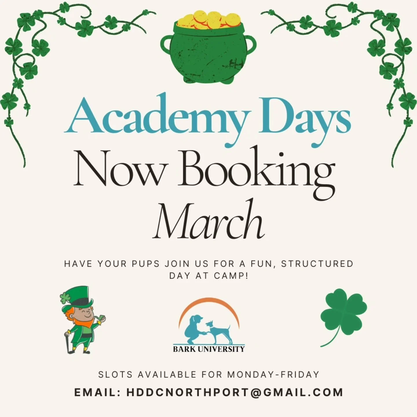 We are now booking for March Academy days! 

Academy days have to be paid separately from Daycamp days, meaning you can't use package days for these. The price for the full day is $55, and drop off should be between 7am and 8am with pick up times aft