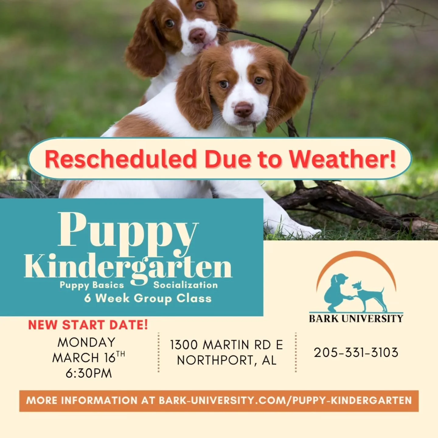 ‼️Class Rescheduled‼️

🌩Due to inclement weather tonight,  we are pushing the start of our Puppy Kindergarten back a week🌩

🎓🐾 Puppy Kindergarten is in session! 🐶✨
Got a pup between 2&ndash;4 months old? Our 6-week Puppy Kindergarten is the pawf