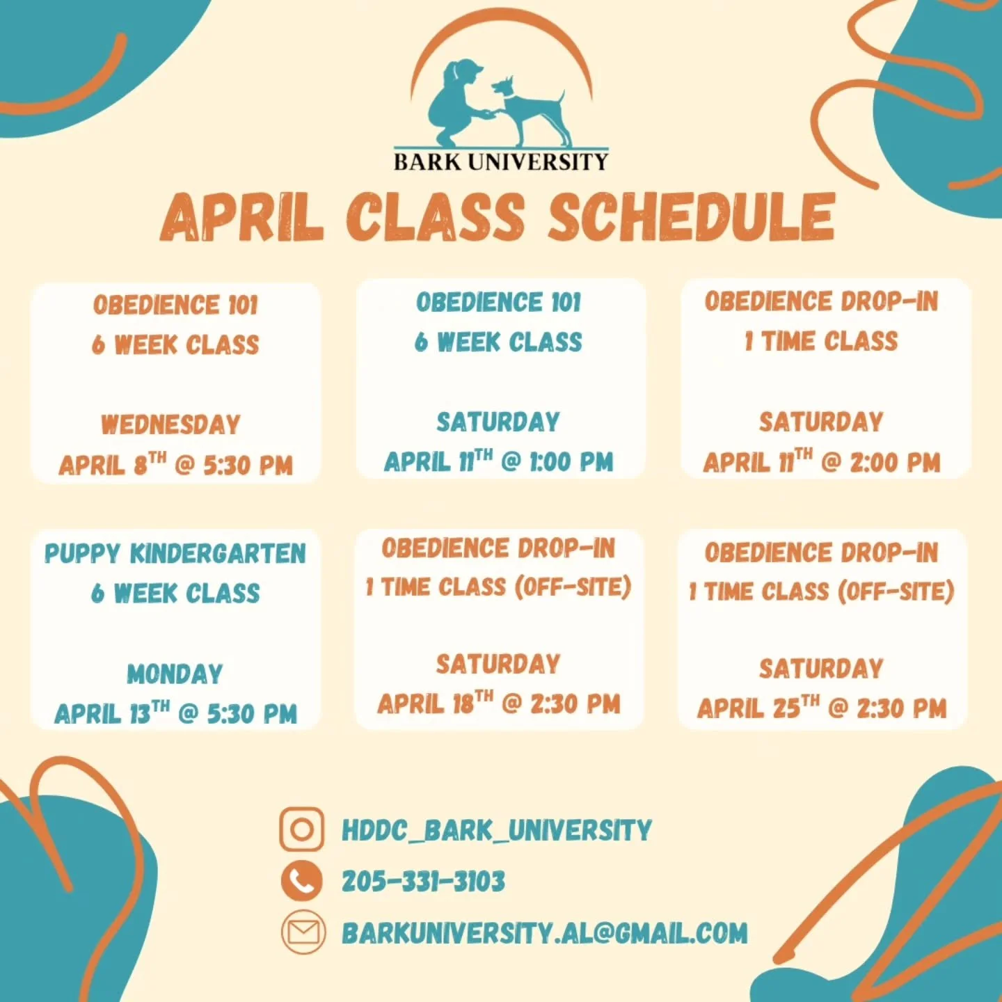 April is almost here and so are our next round of classes!

With weather getting warmer, and daylight staying longer - come join us for some training! 🐶

📞 (205)331-3103 
📧  BARKUniversity.AL@gmail.com 
🔗 bark-university.com