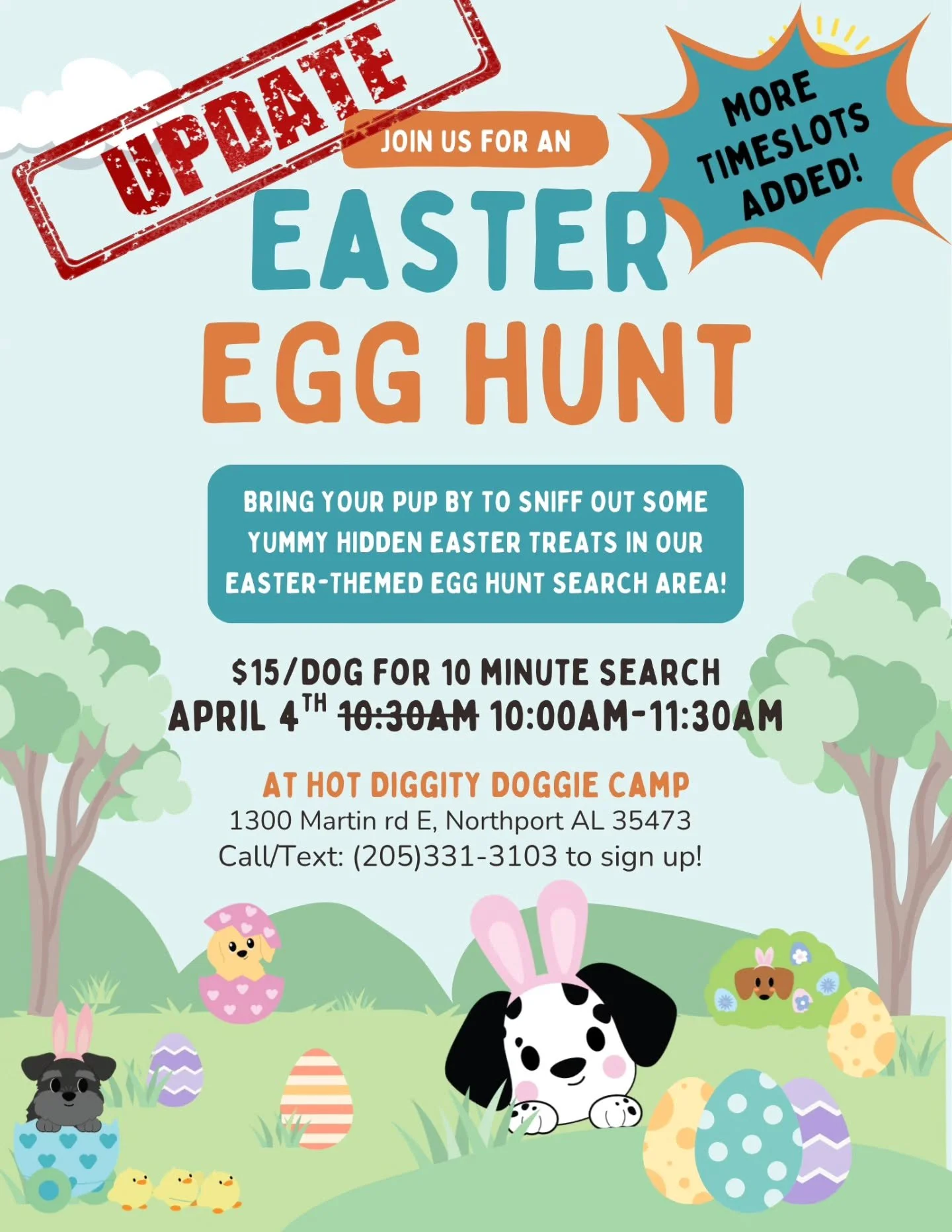 Join us for our Egg Hunting event this weekend! We added more time slots to fit in more nosey sniffers 🐕 🐶 🐣 

Call/text 205-331-3103 for the sign up link!