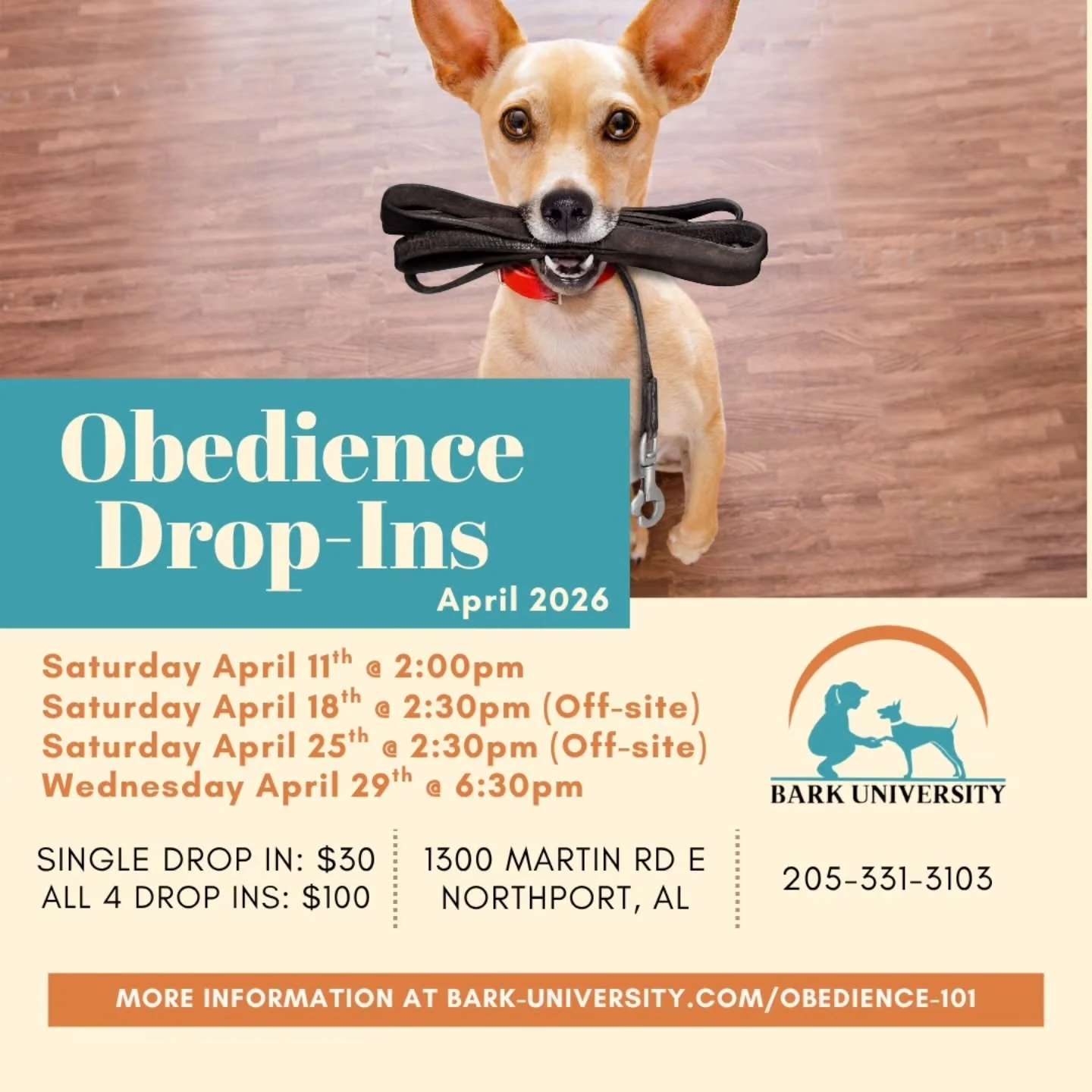 🐾 Obedience Refresher Drop-Ins! 🐾

If your pup has trained with us before and could use a little tune-up, we&rsquo;ve got you covered! Join us for our flexible drop-in refresher classes&mdash;perfect for reinforcing skills, boosting confidence, and