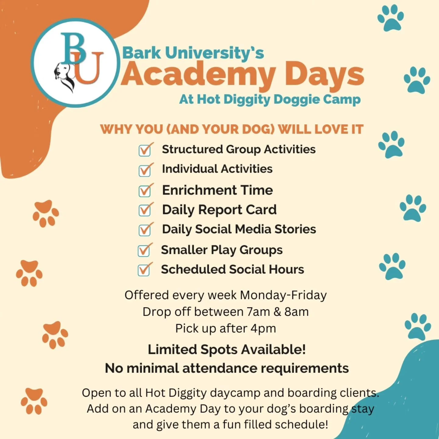 Academy Days are our enrichment based program run here at Hot Diggity Doggie Camp! 

Put your dog's brain to work with some fun and challenging activities planned out all week long. There is tons of benefits to enrichment activities with dogs - and w