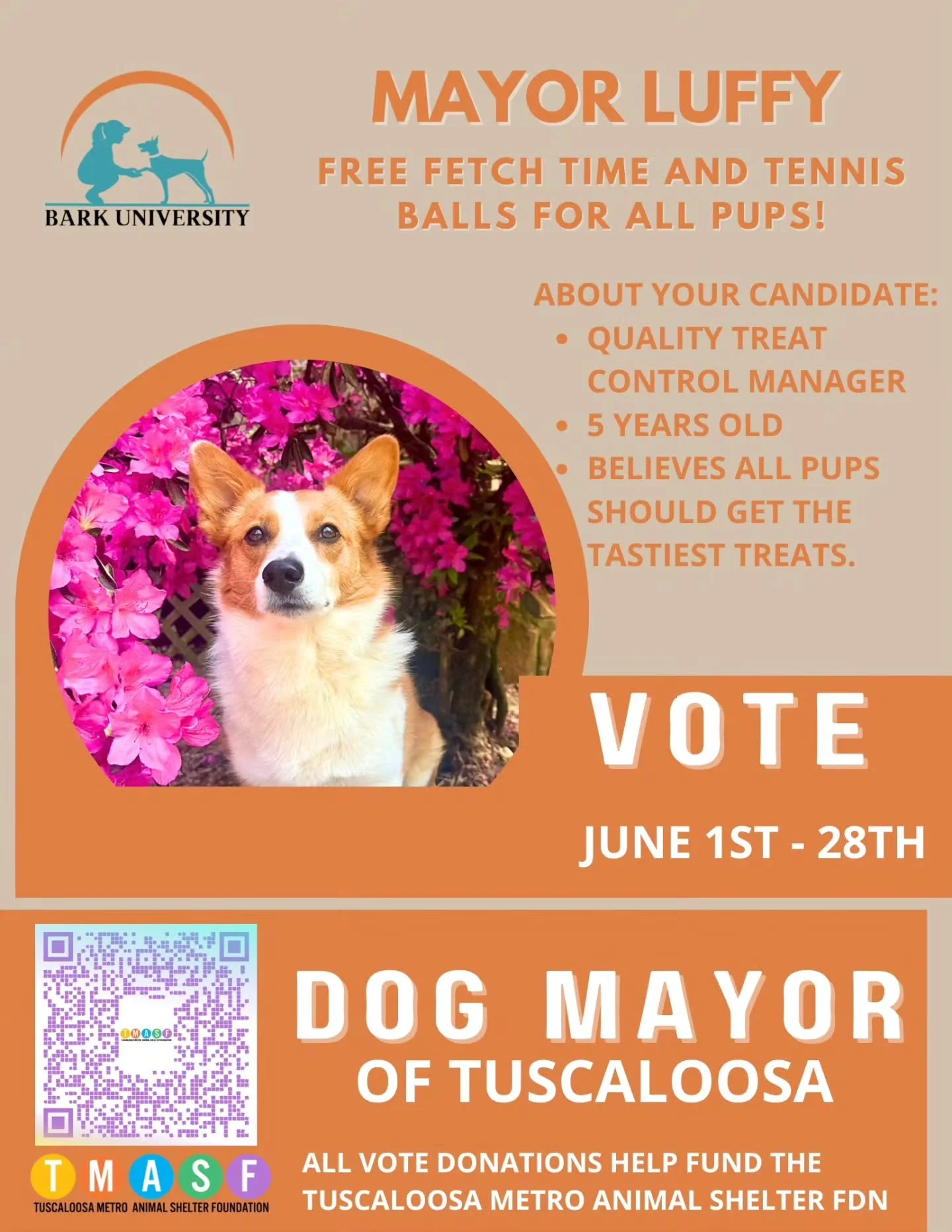 🐾 VOTE LUFFY FOR OFFICIAL DOG MAYOR OF TUSCALOOSA! 🐾

Meet Luffy &mdash; a 5-year-old corgi mix with short legs, a big personality, and even bigger dreams! 🐶❤️

As a candidate for Official Dog Mayor of Tuscaloosa, Luffy is running on a platform of
